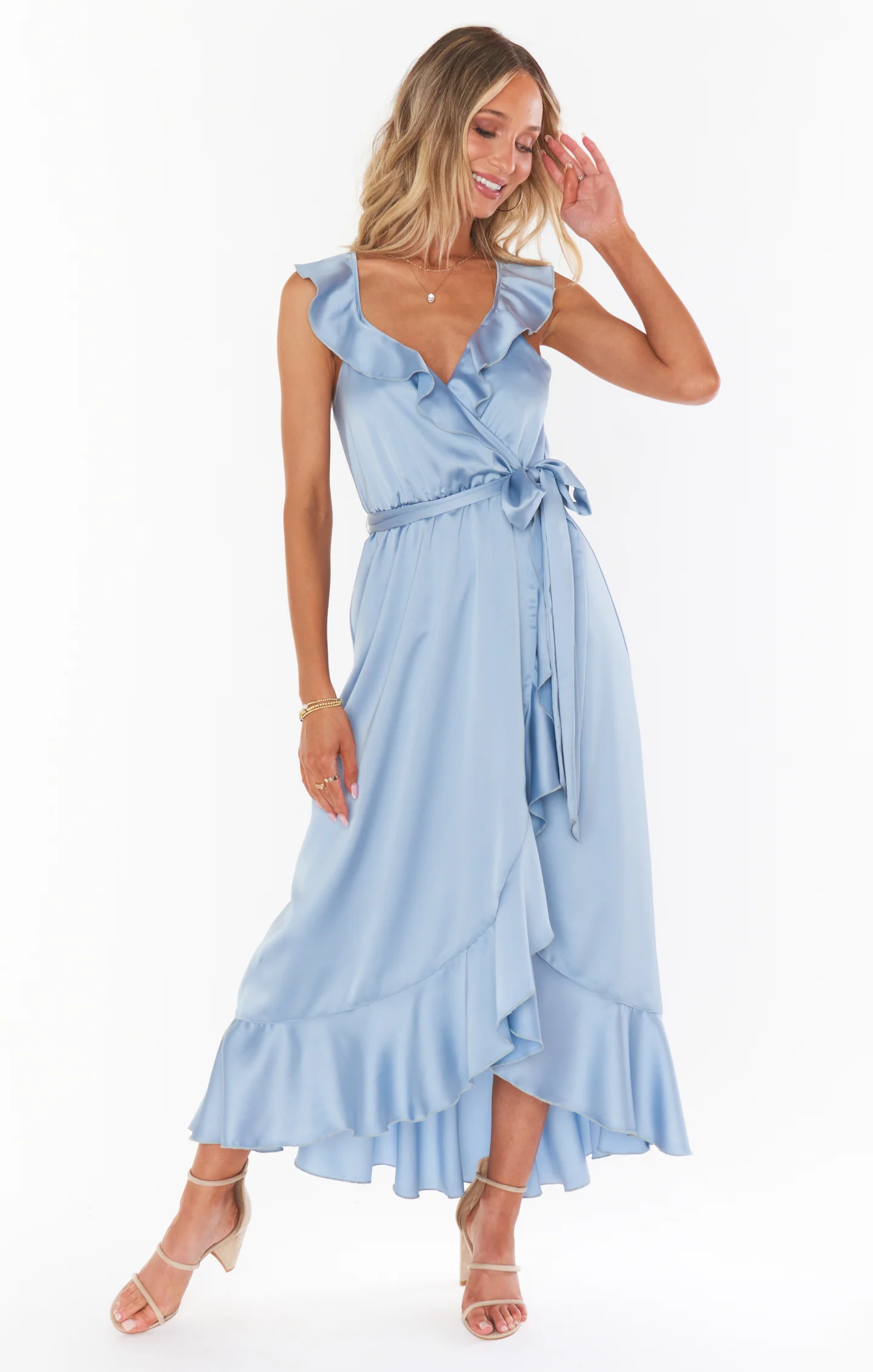 Elegant Ruffle Wrap Dress ~ Deep Blue Luxe Satin