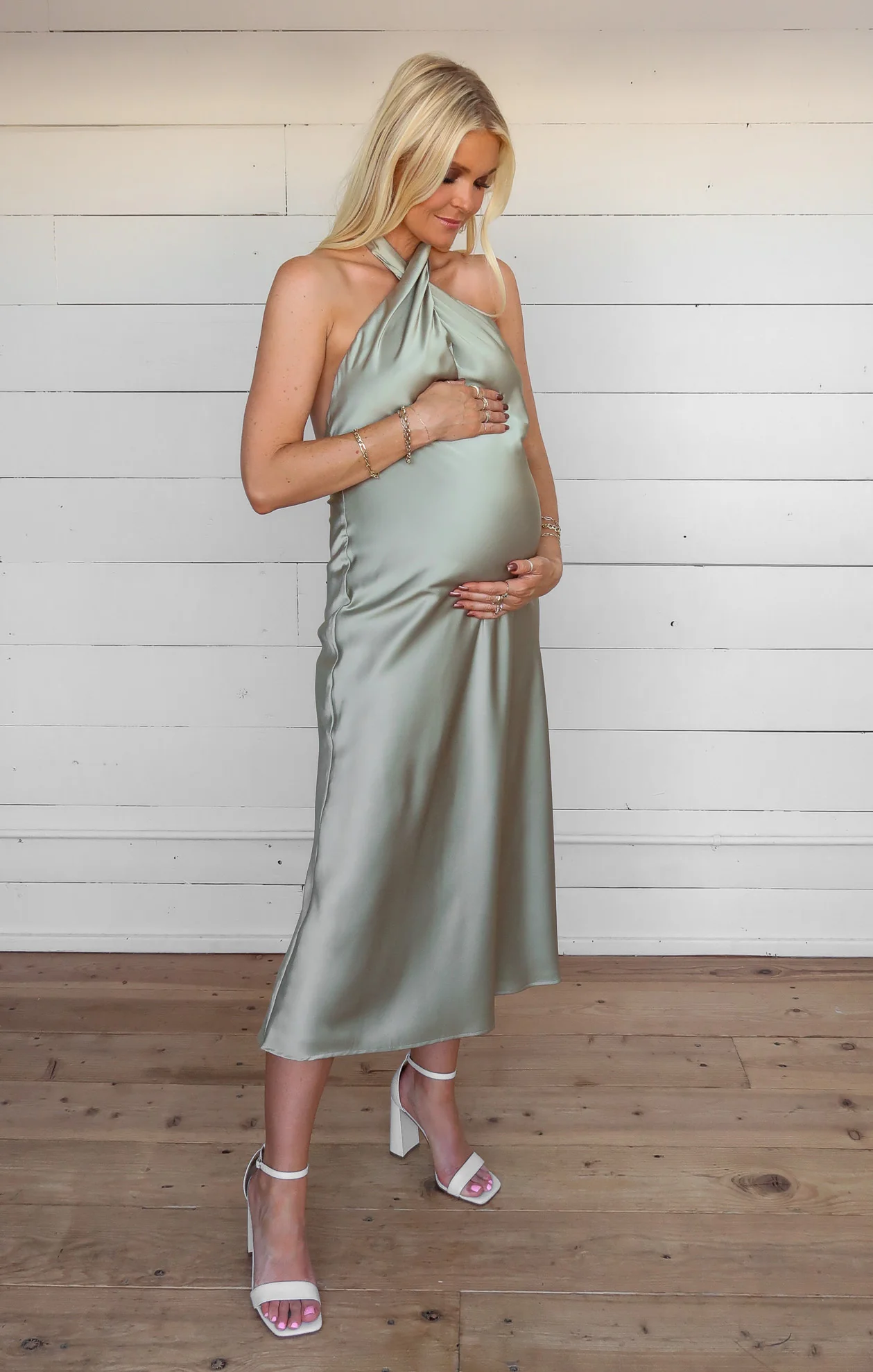 Jasmine Halter Midi Dress ~ Moss Green Luxe Satin
