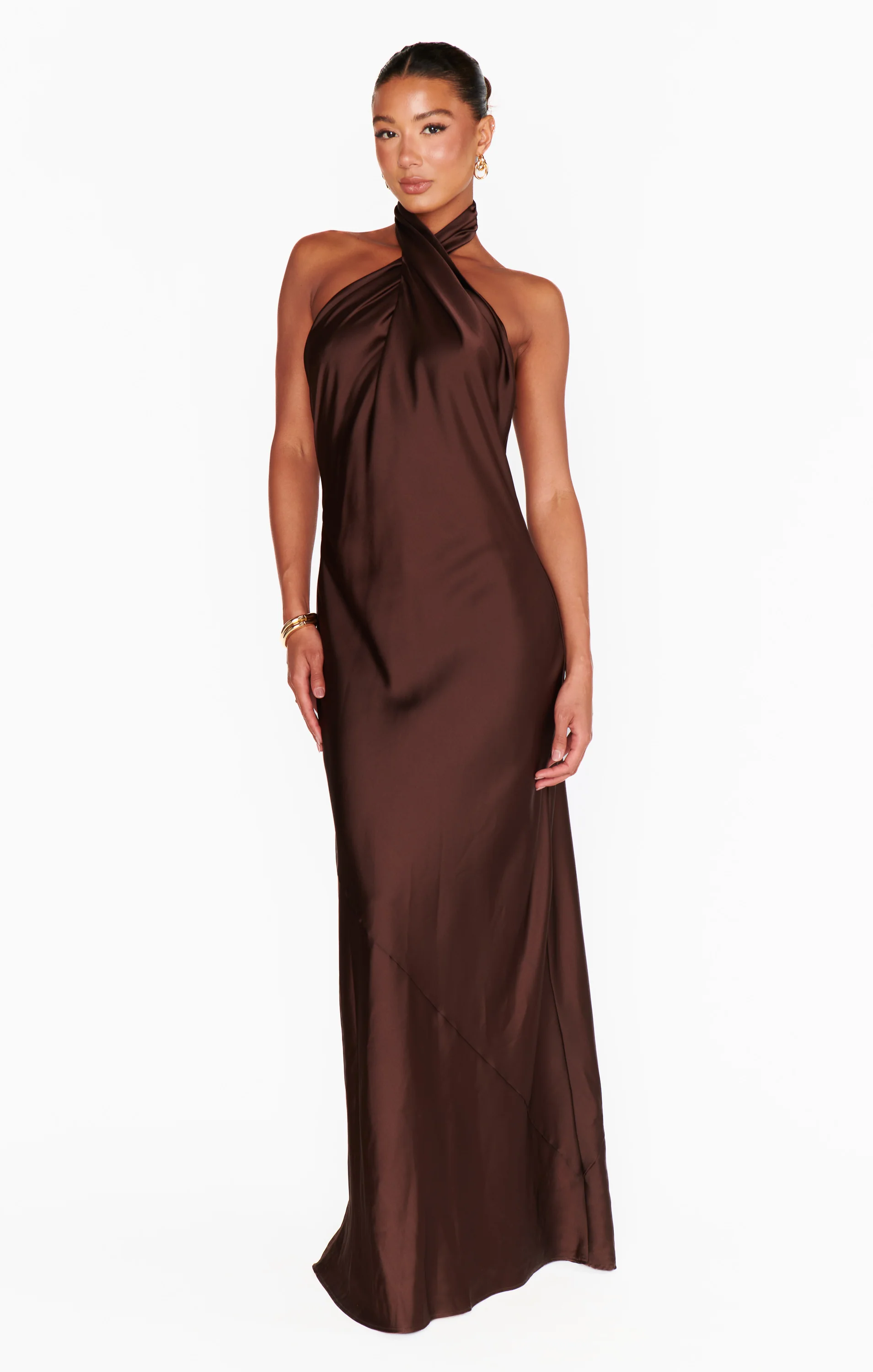 Jasmine Halter Maxi Dress ~ Chocolate Luxe Satin