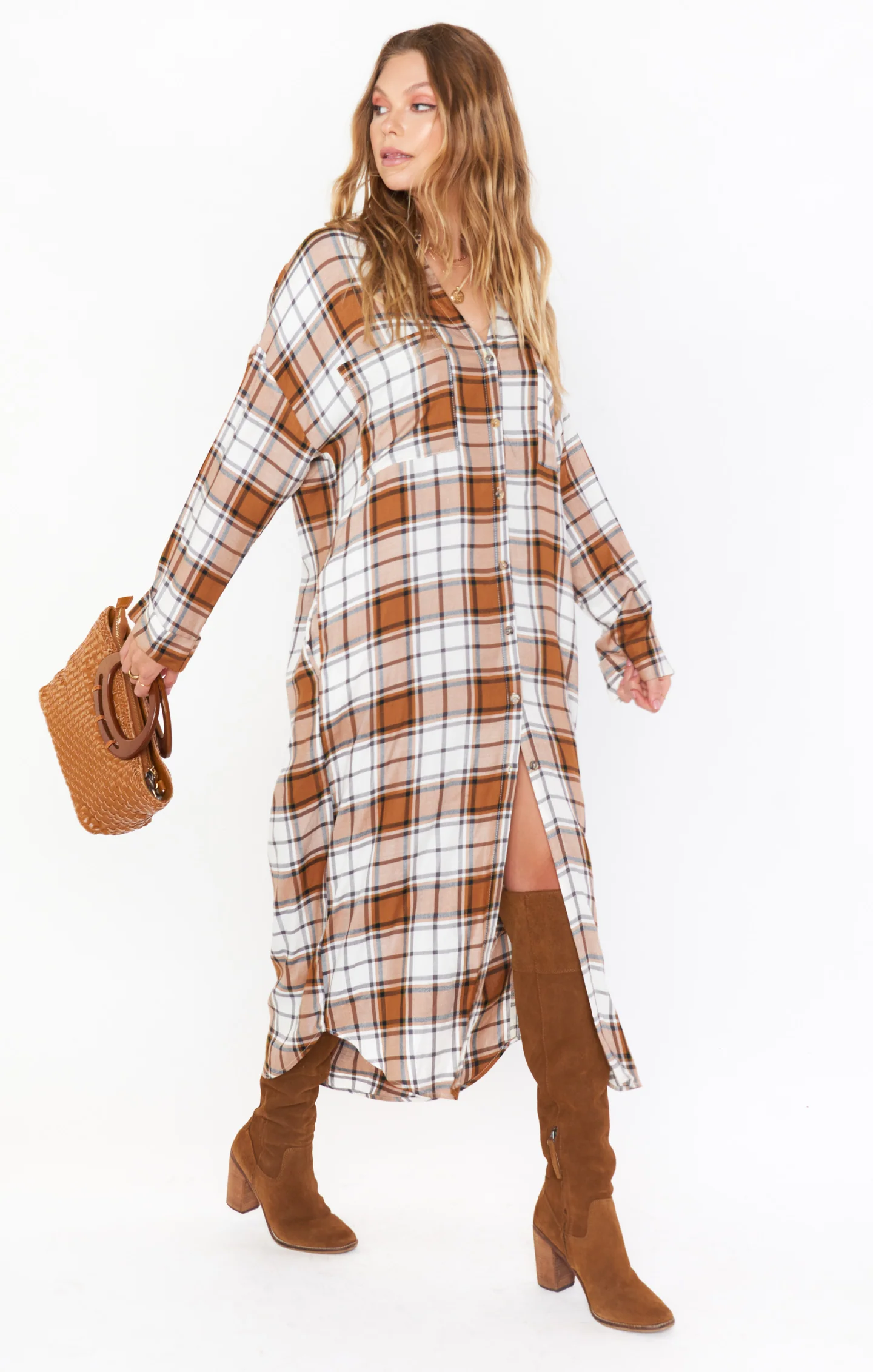 Leo Button Down Tunic ~ Tan Plaid