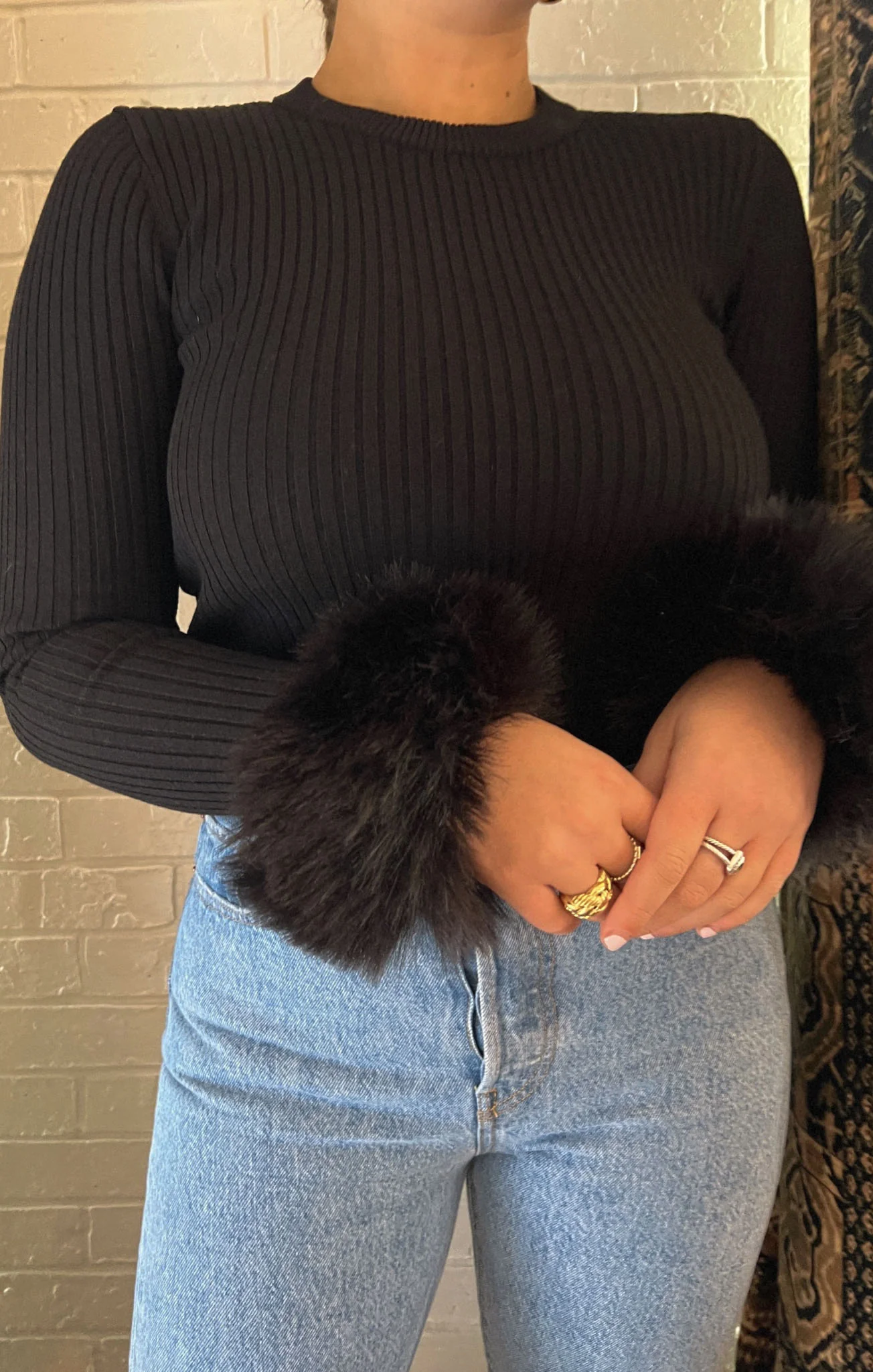 Confused Top ~ Black Knit with Faux Fur