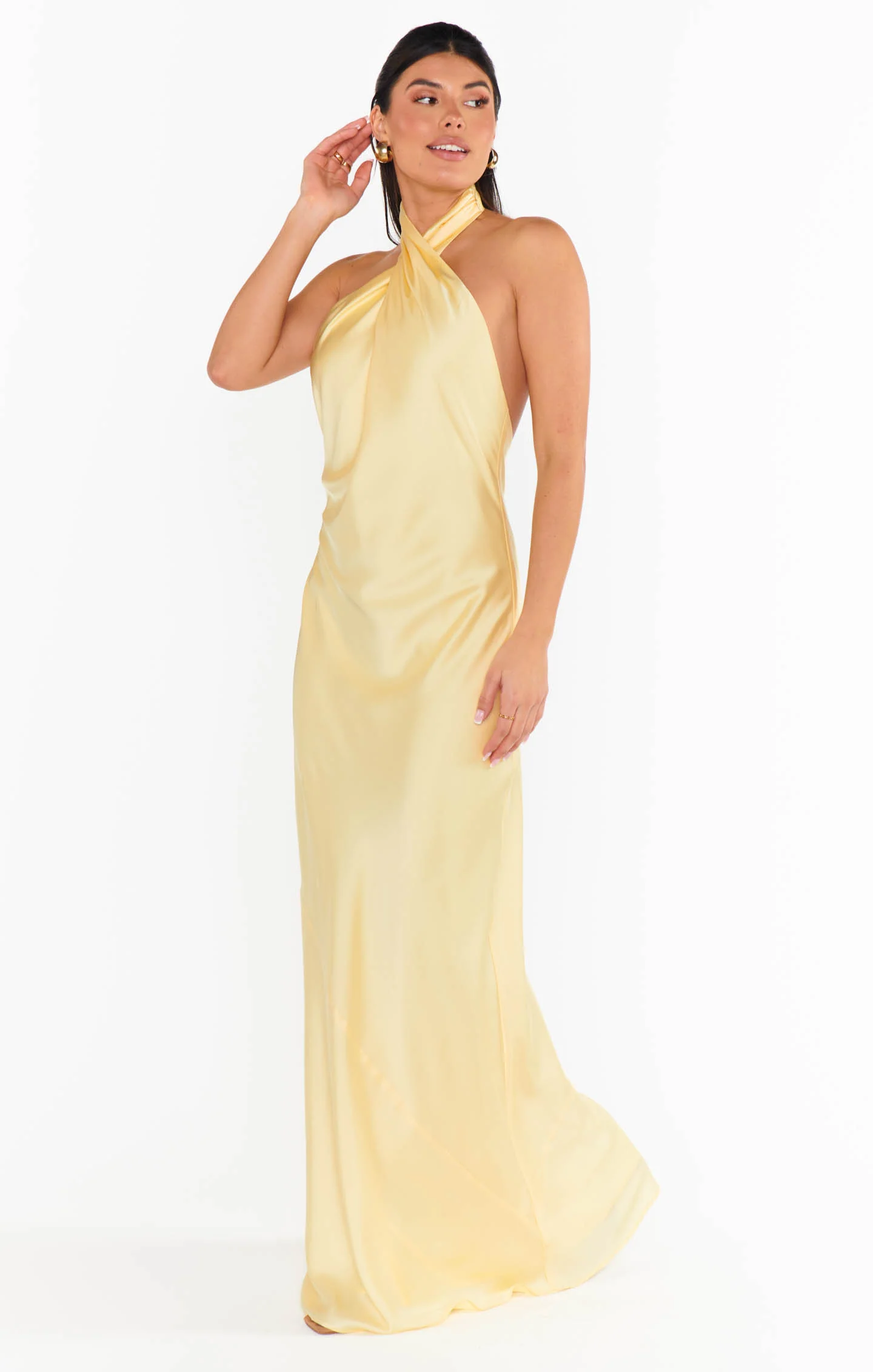 Jasmine Halter Maxi Dress ~ Pale Yellow Luxe Satin