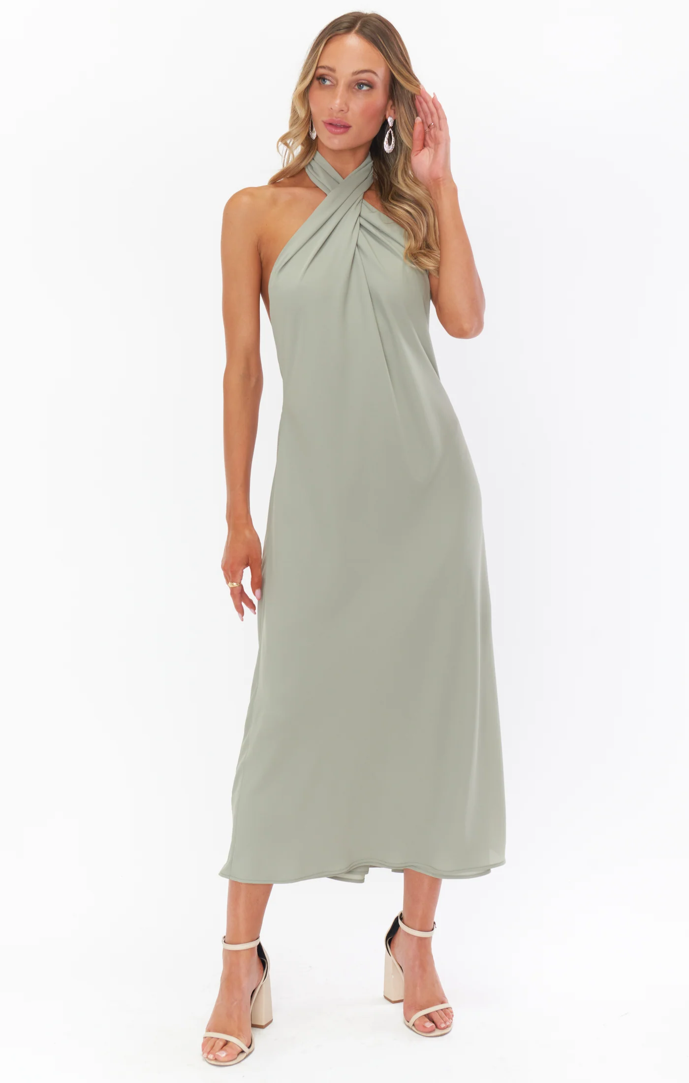 Jasmine Halter Midi Dress ~ Moss Green Crisp