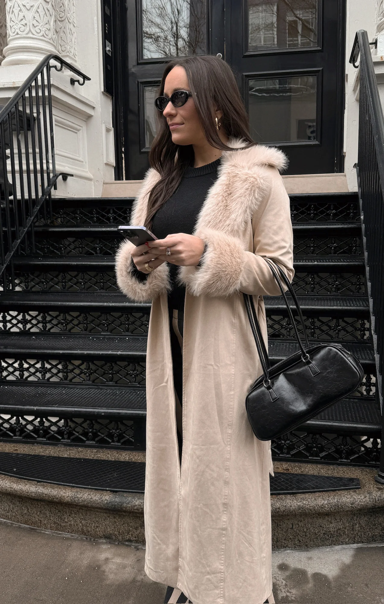 Penny Lane Long Coat ~ Beige Faux Suede with Faux Fur