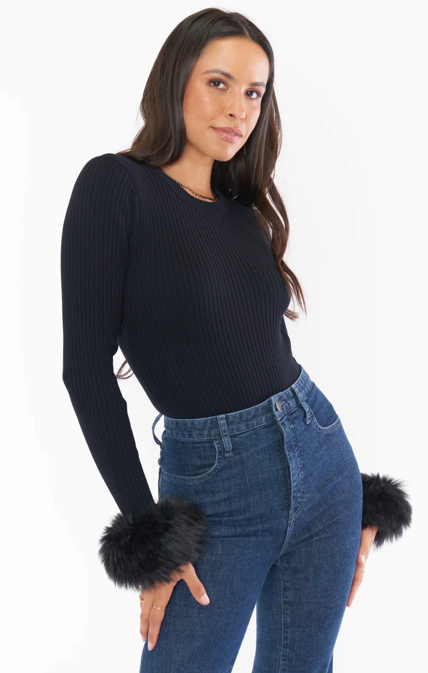 Confused Top ~ Black Knit with Faux Fur