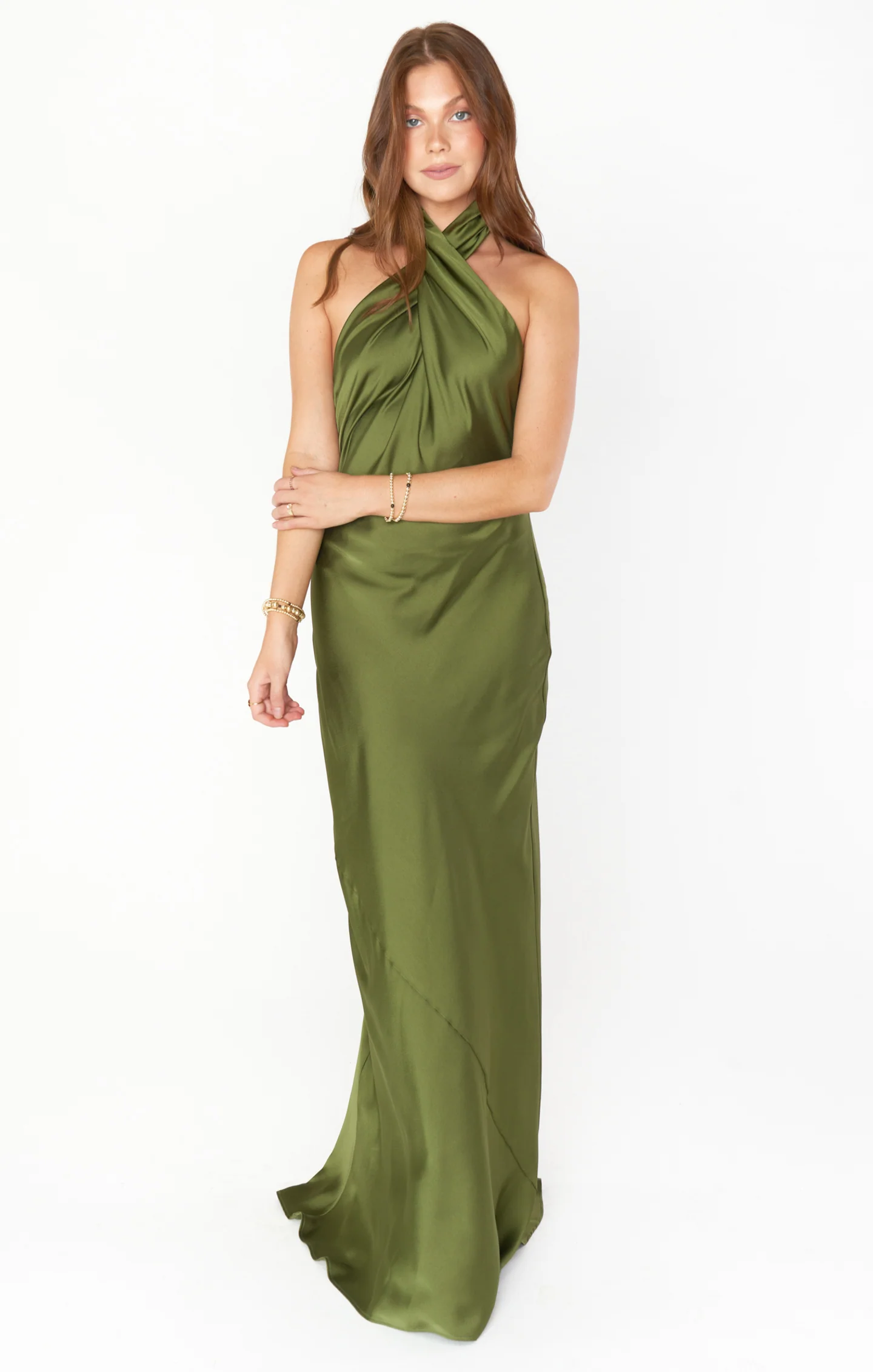 Jasmine Halter Maxi Dress ~ Olive Satin