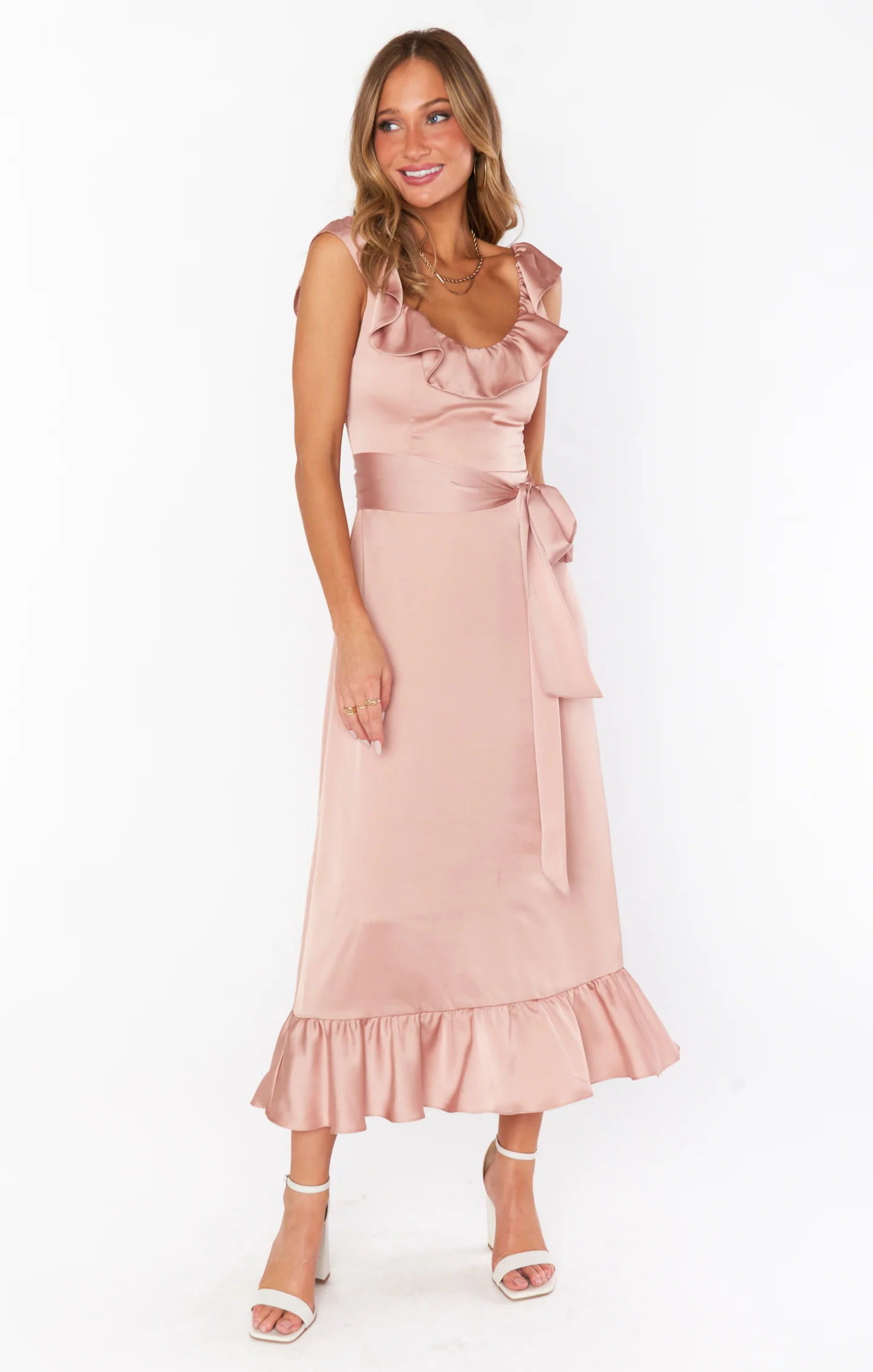 Alexis Midi Dress ~ Rose Gold Luxe Satin