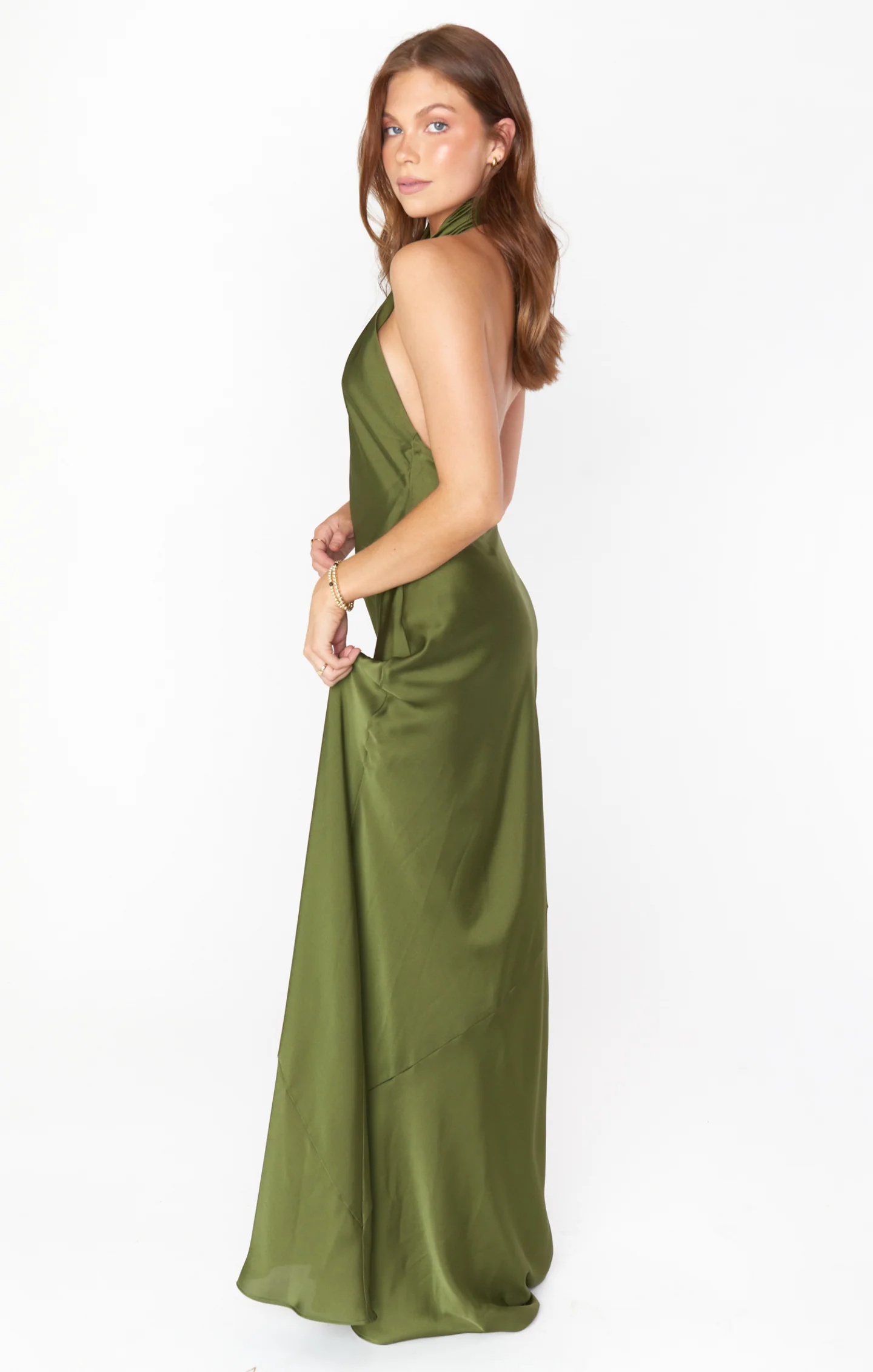 Jasmine Halter Maxi Dress ~ Olive Satin