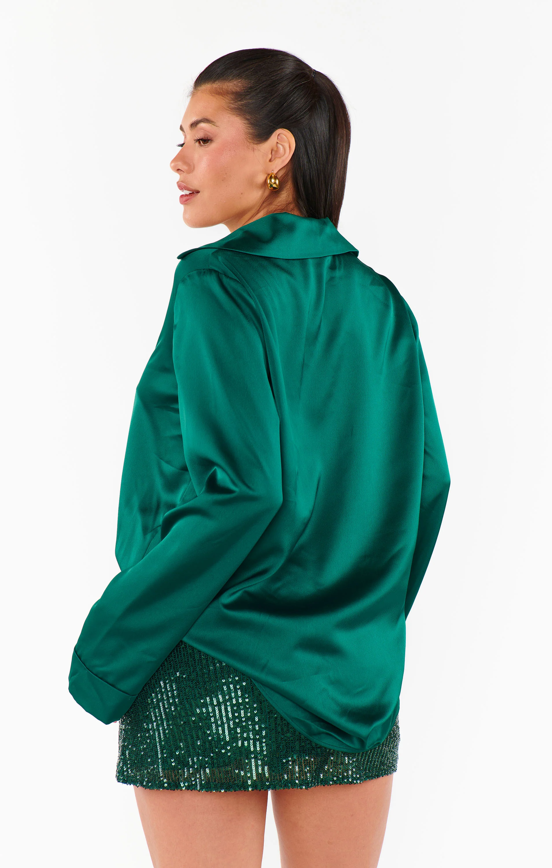 Emerald Luxe Satin Button Down