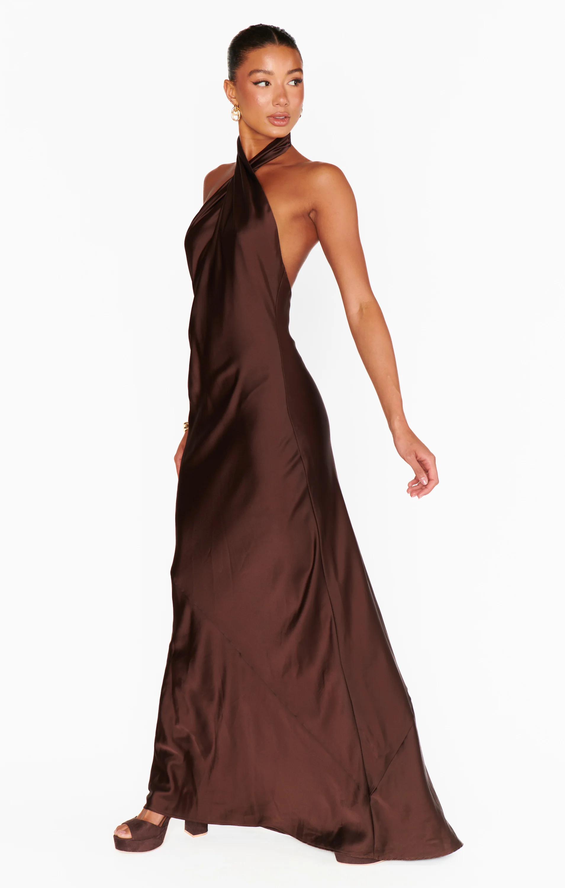 Jasmine Halter Maxi Dress ~ Chocolate Luxe Satin
