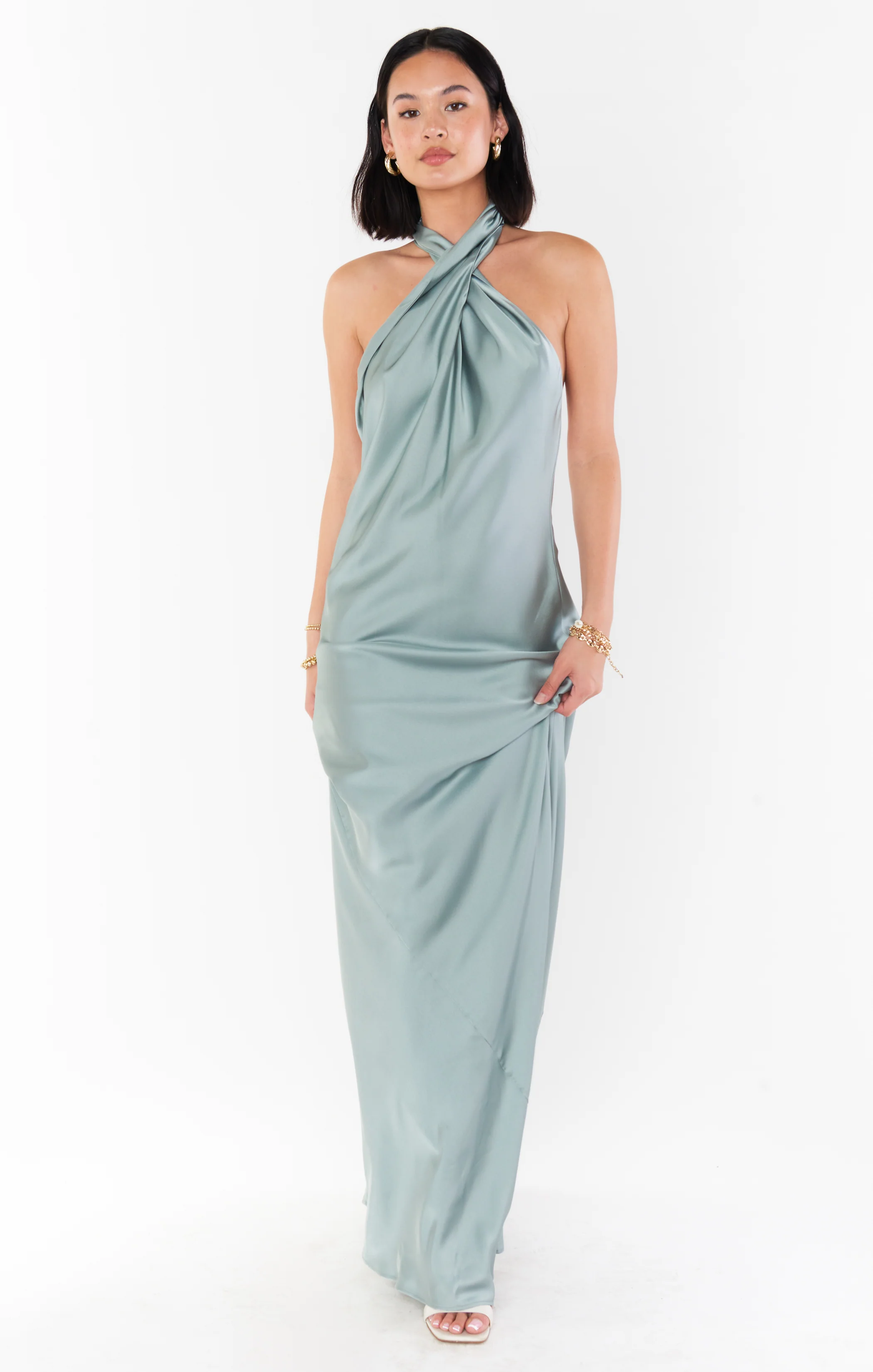 Jasmine Halter Maxi Dress ~ Silver Sage Satin