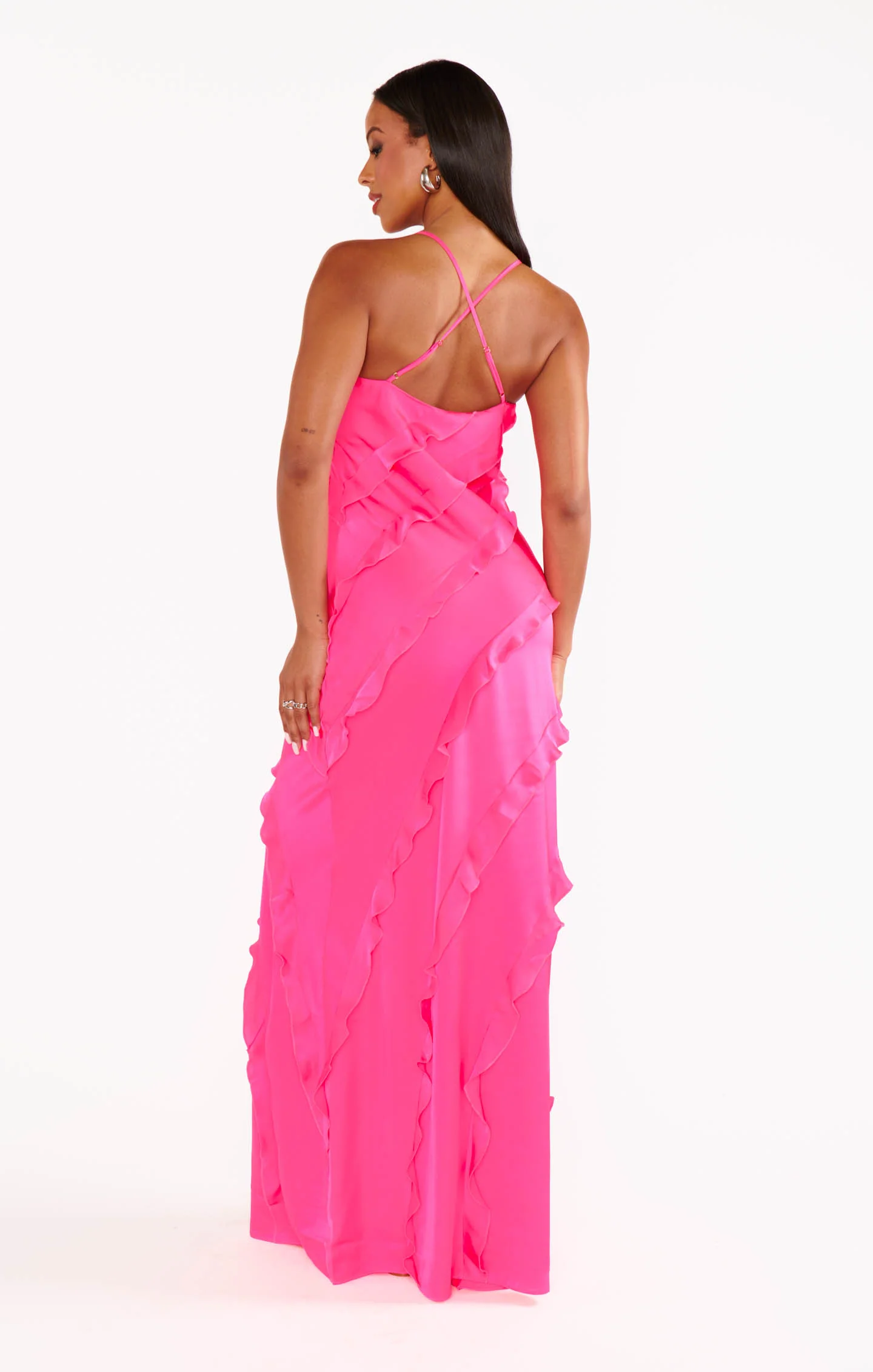 Romance Ruffle Dress ~ Vivid Pink Luxe Satin