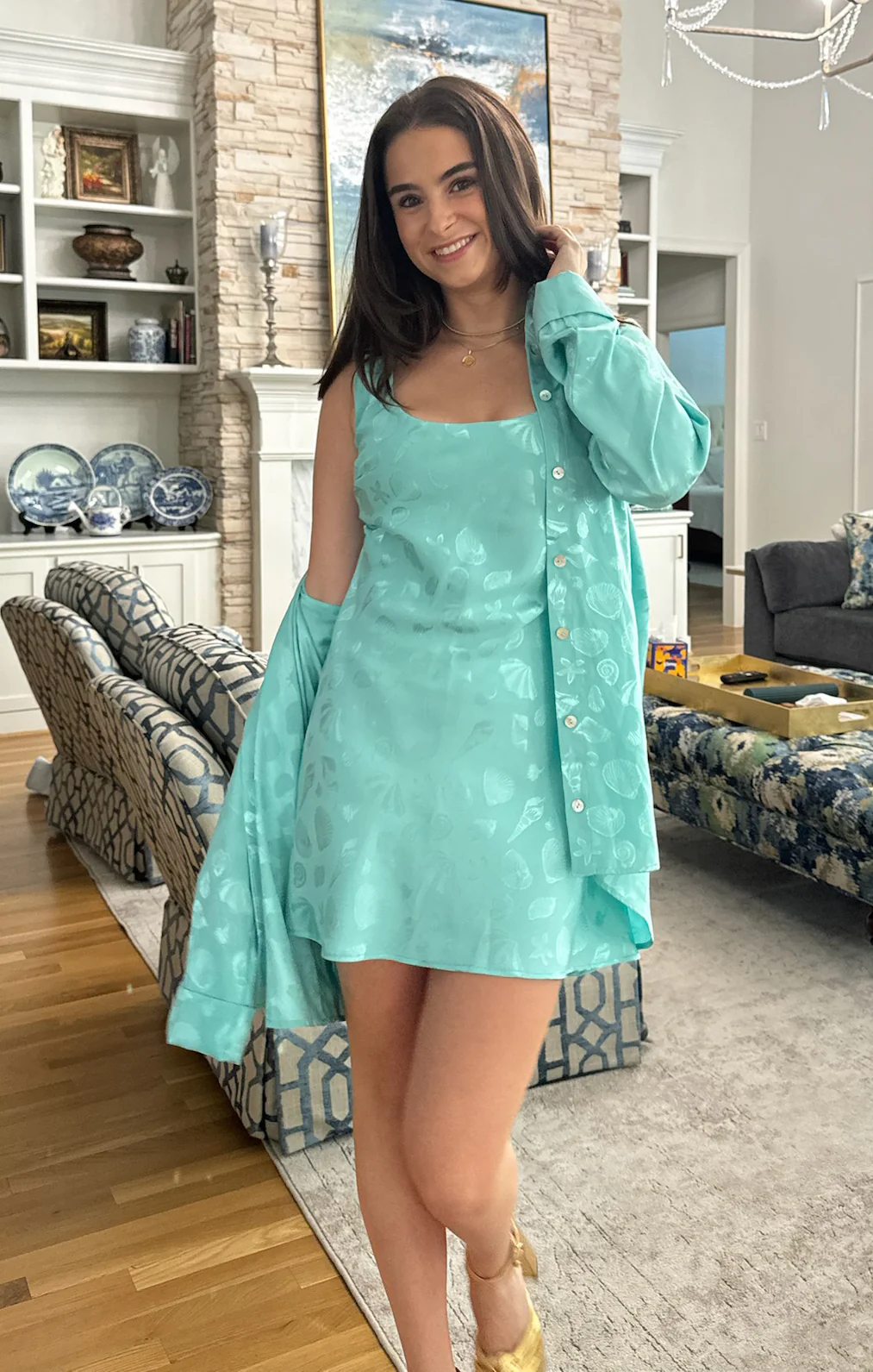 Button Down ~ Aquamarine Shell Satin