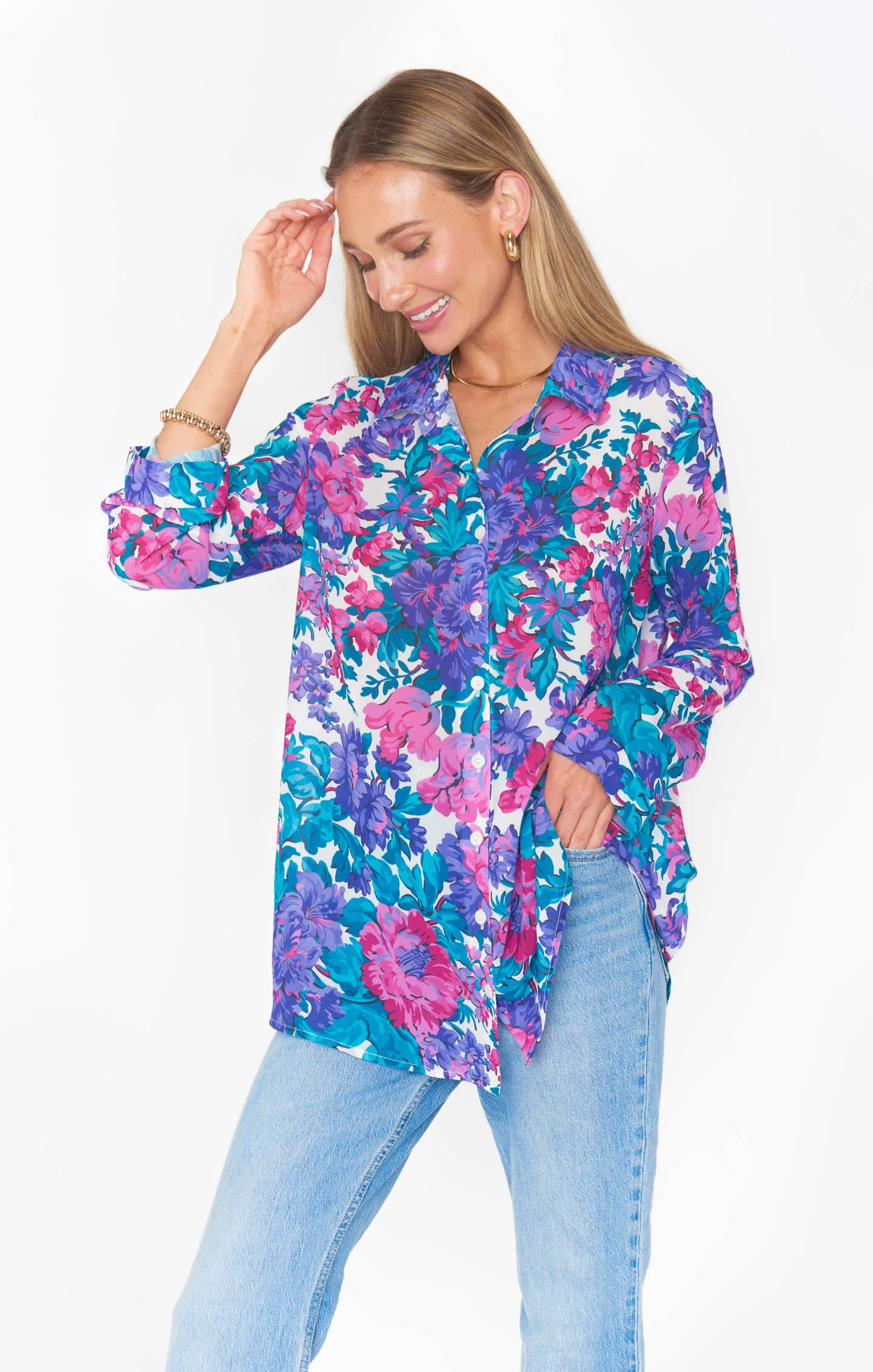 Smith Button Down ~ Magenta Blooms