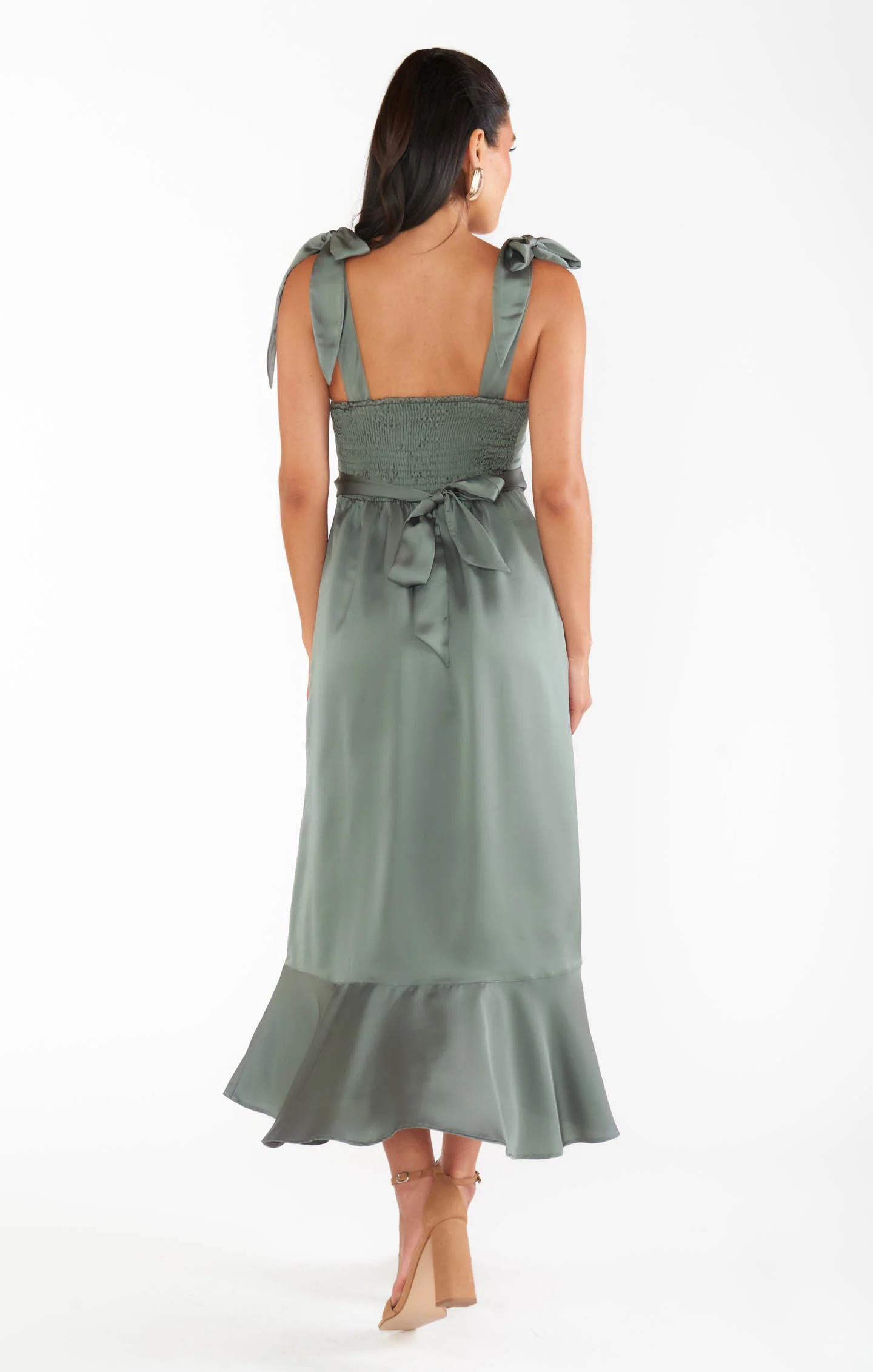 Claire Midi Dress ~ Deep Sage Luxe Satin