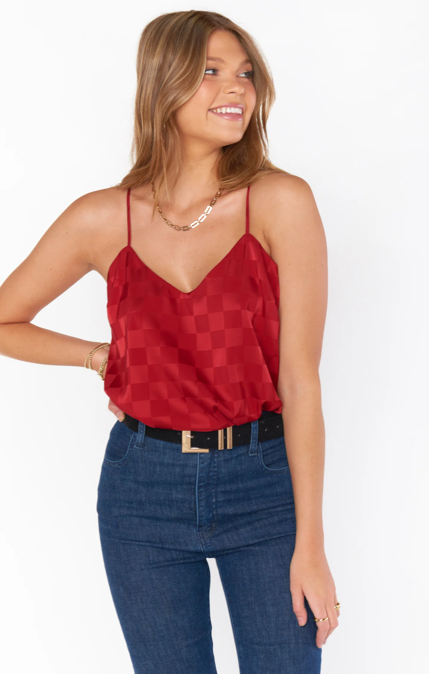 Shimmer Tank ~ Red Patterned Satin