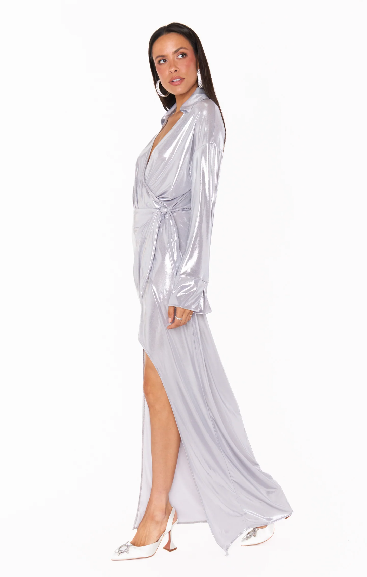 Clara Collared Maxi Dress ~ Silver Liquid Stretch