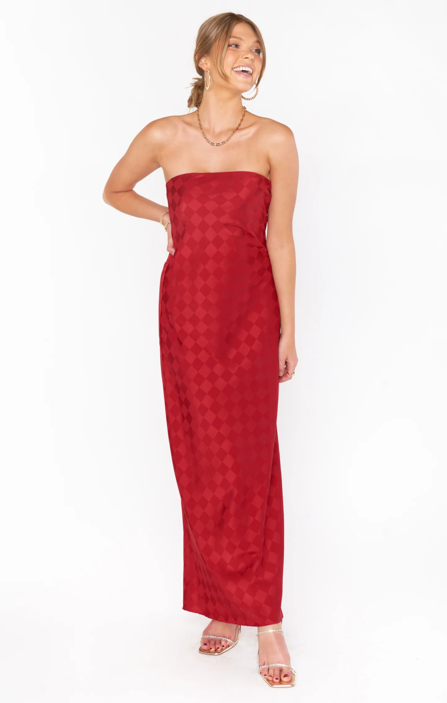 Checkerboard Satin Maxi Dress