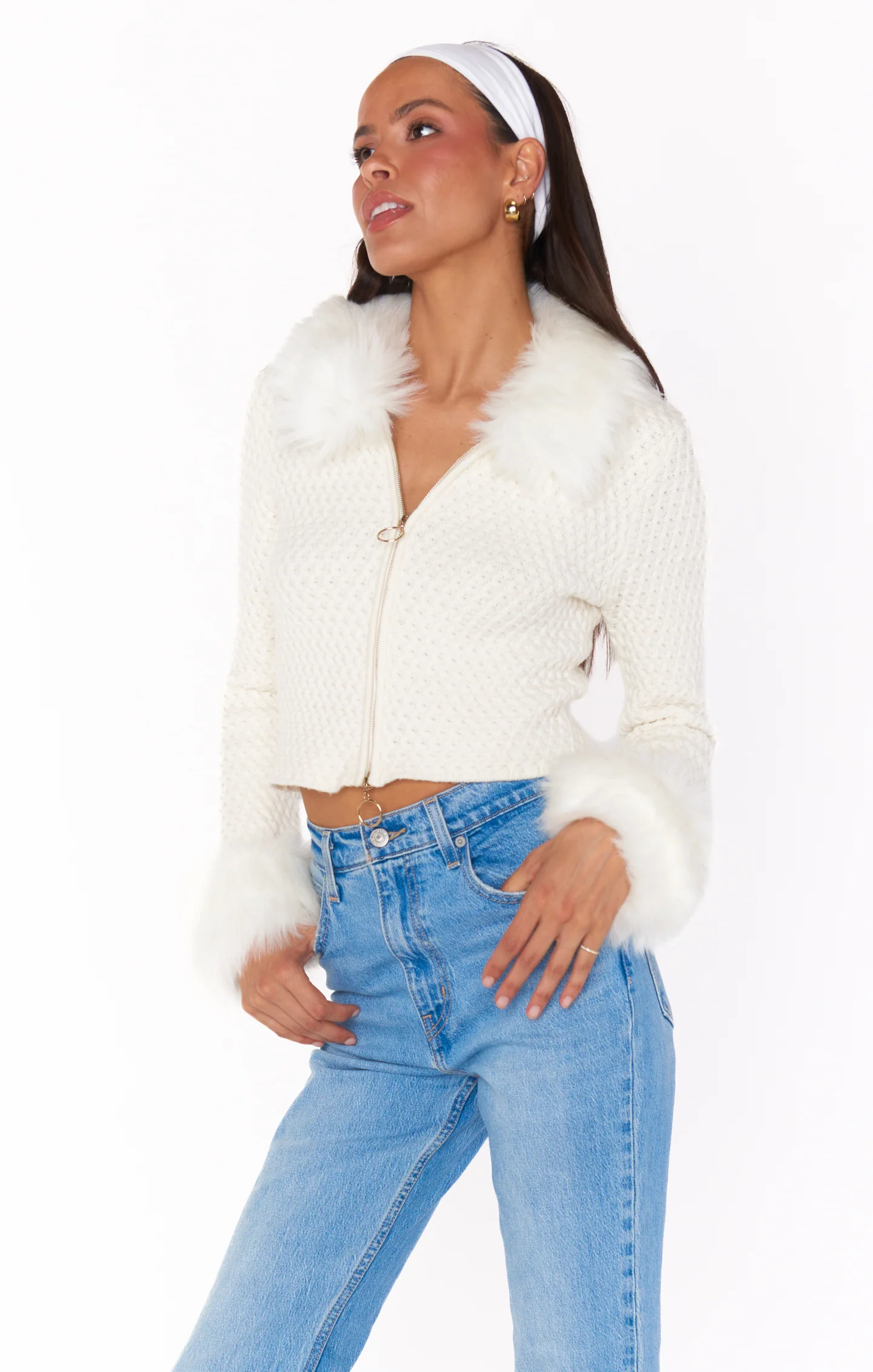 Mountain Peak Zip Up ~ White Pebble Knit with Faux Fur