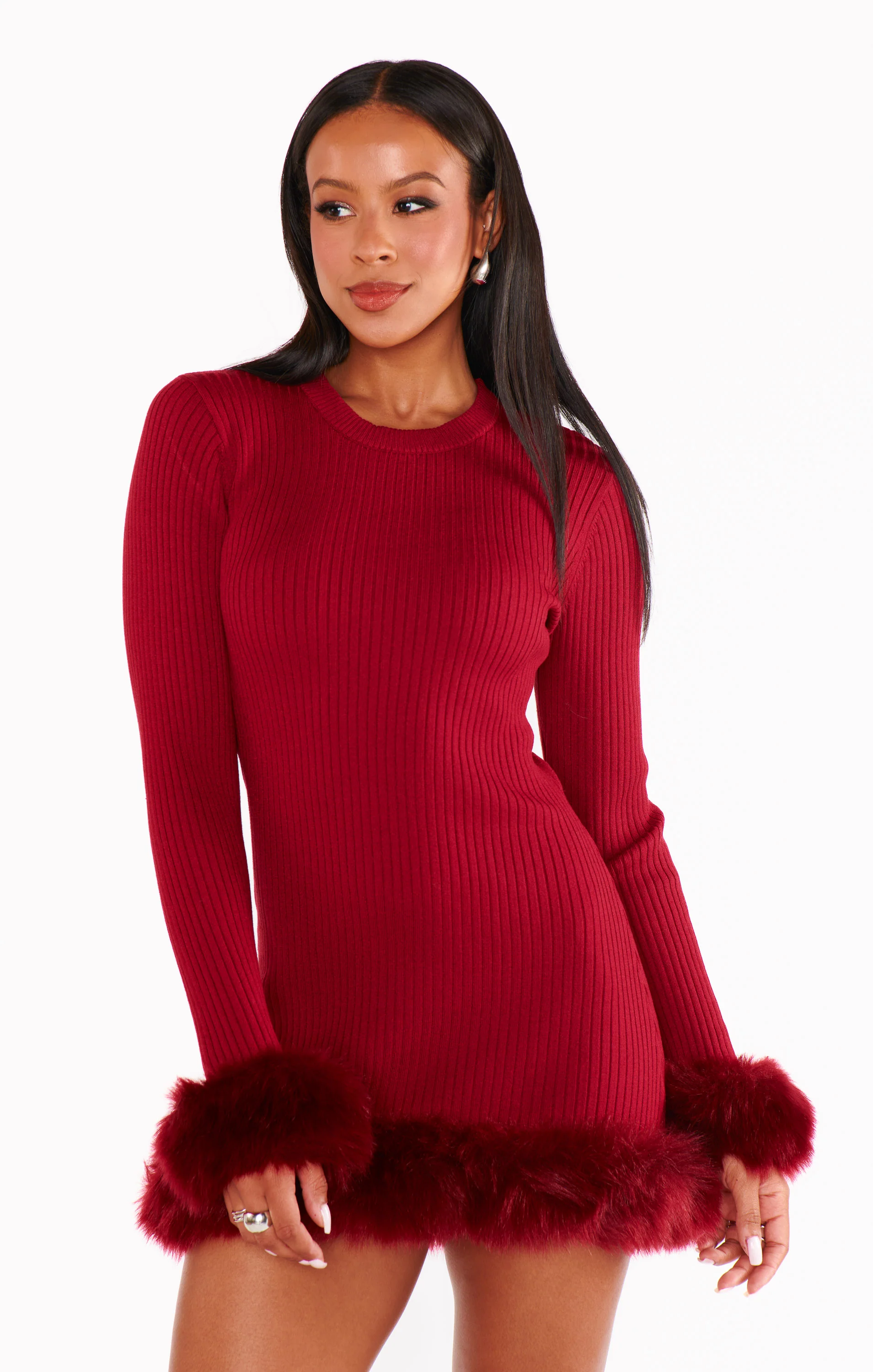 Mini Dress ~ Cranberry Rib with Faux Fur