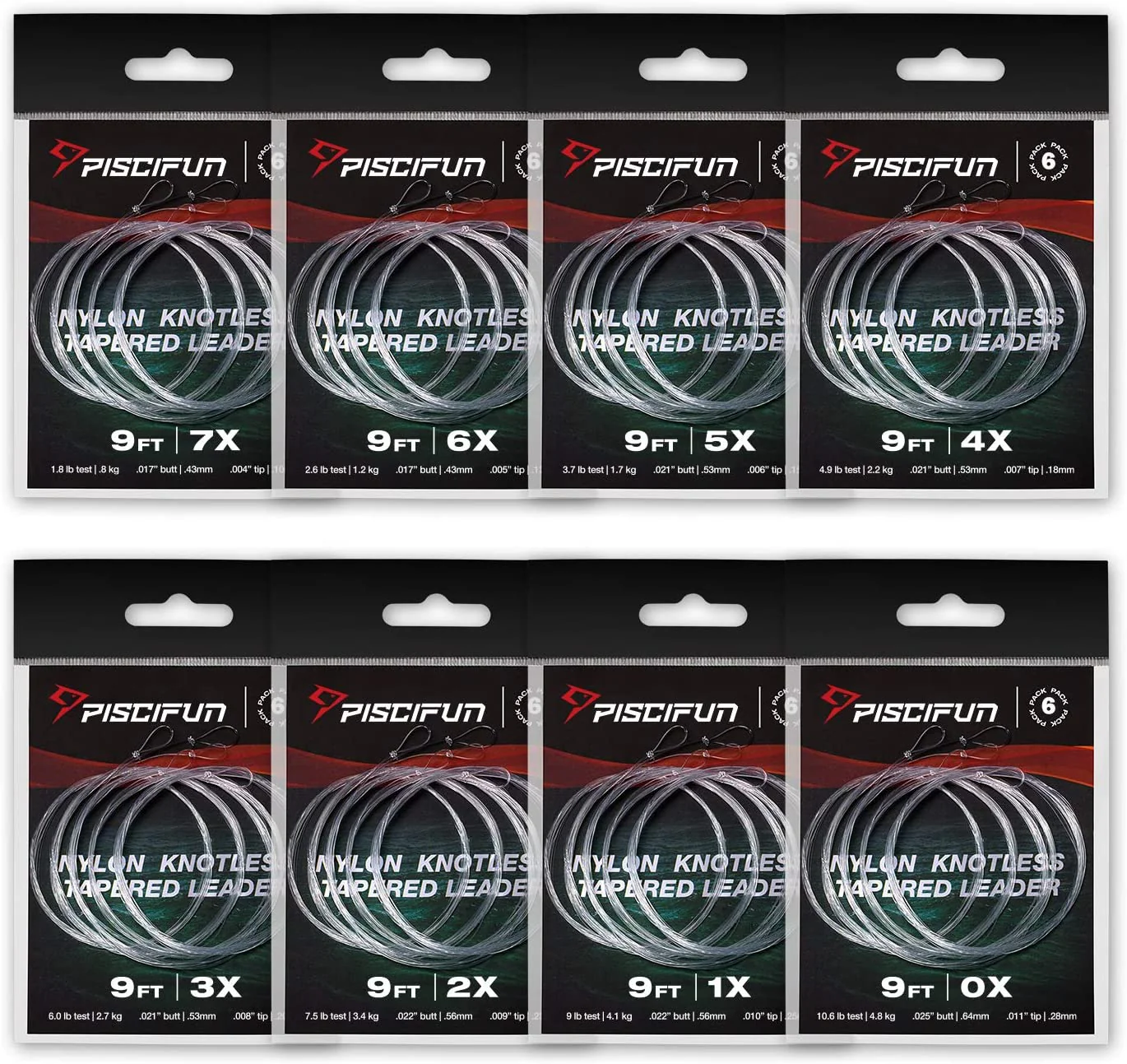 Piscifun Fly Fishing Tapered Leader with Loop-9ft 7.5ft 12ft(6 Pack) 0X 1X 2X 3X 4X 5X 6X 7X
