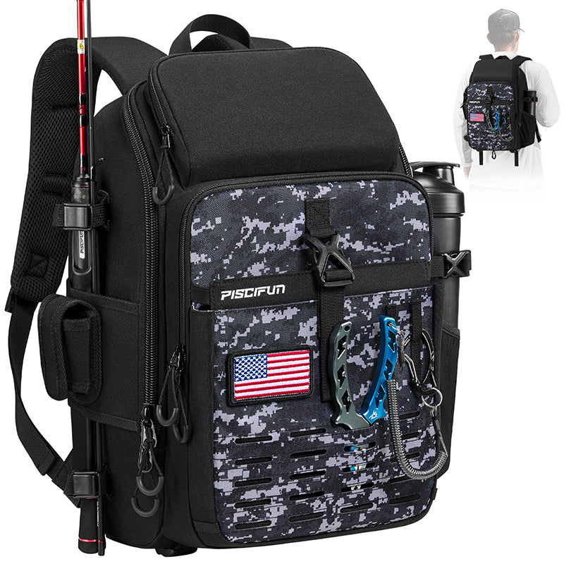 Piscifun Fishing Backpack with Rod & Gear Holder Black