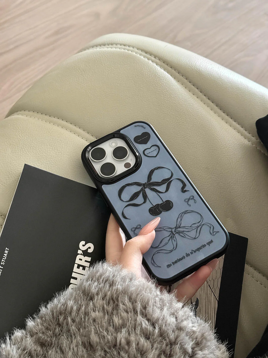 Blue Cherry Bow Printed Phone Case