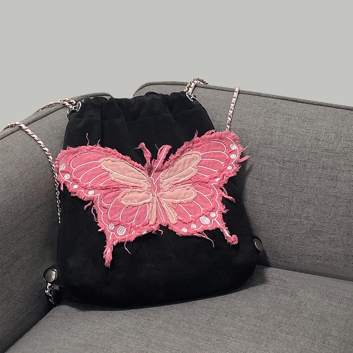 Butterfly Denim Drawstring Shoulder Bag