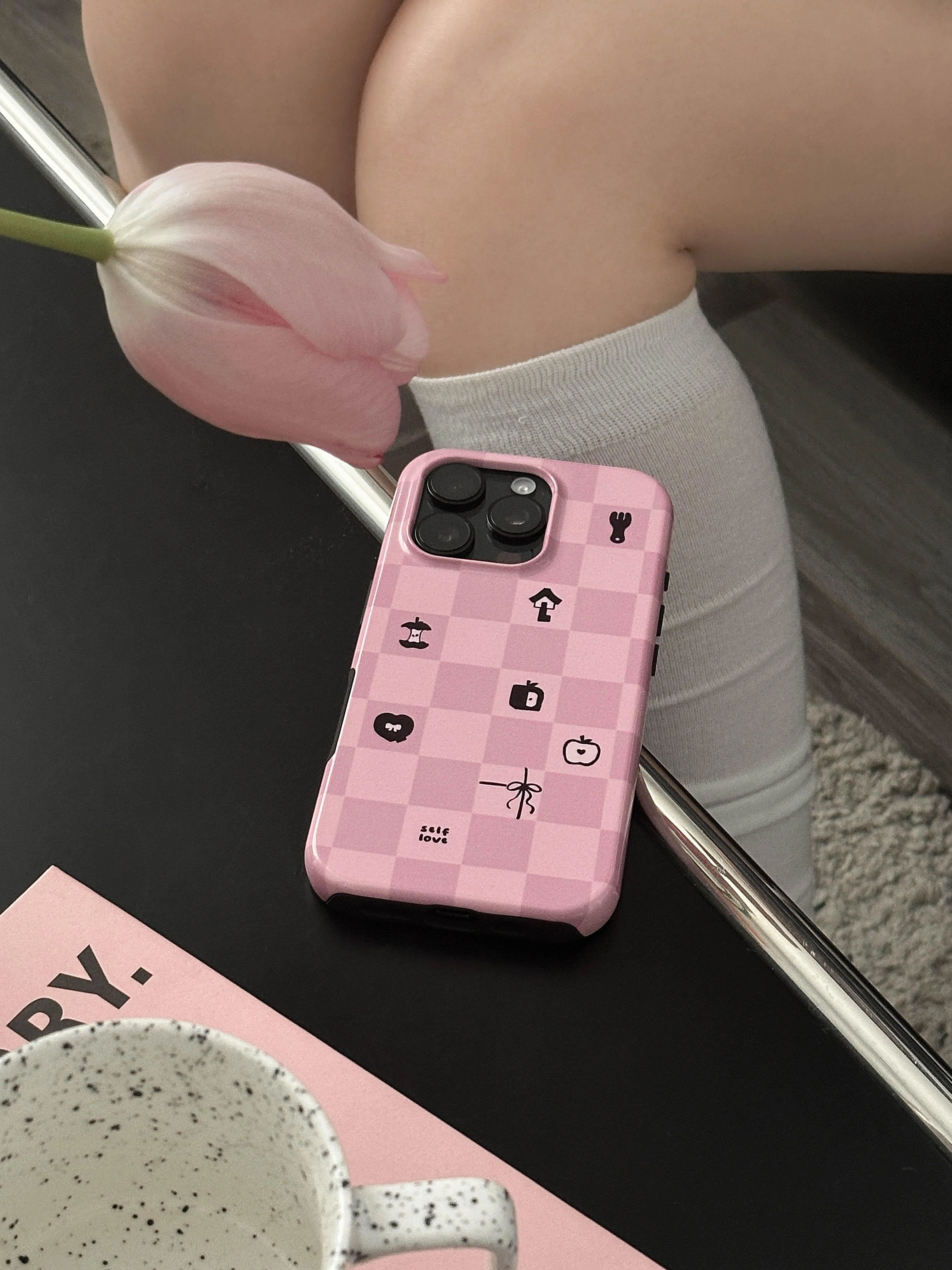 Mist Pink Checkered Print Double Layer Phone Case