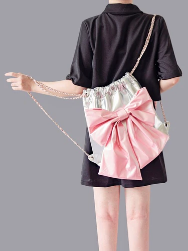 Pink Bow Tie Silver Hobo Bag