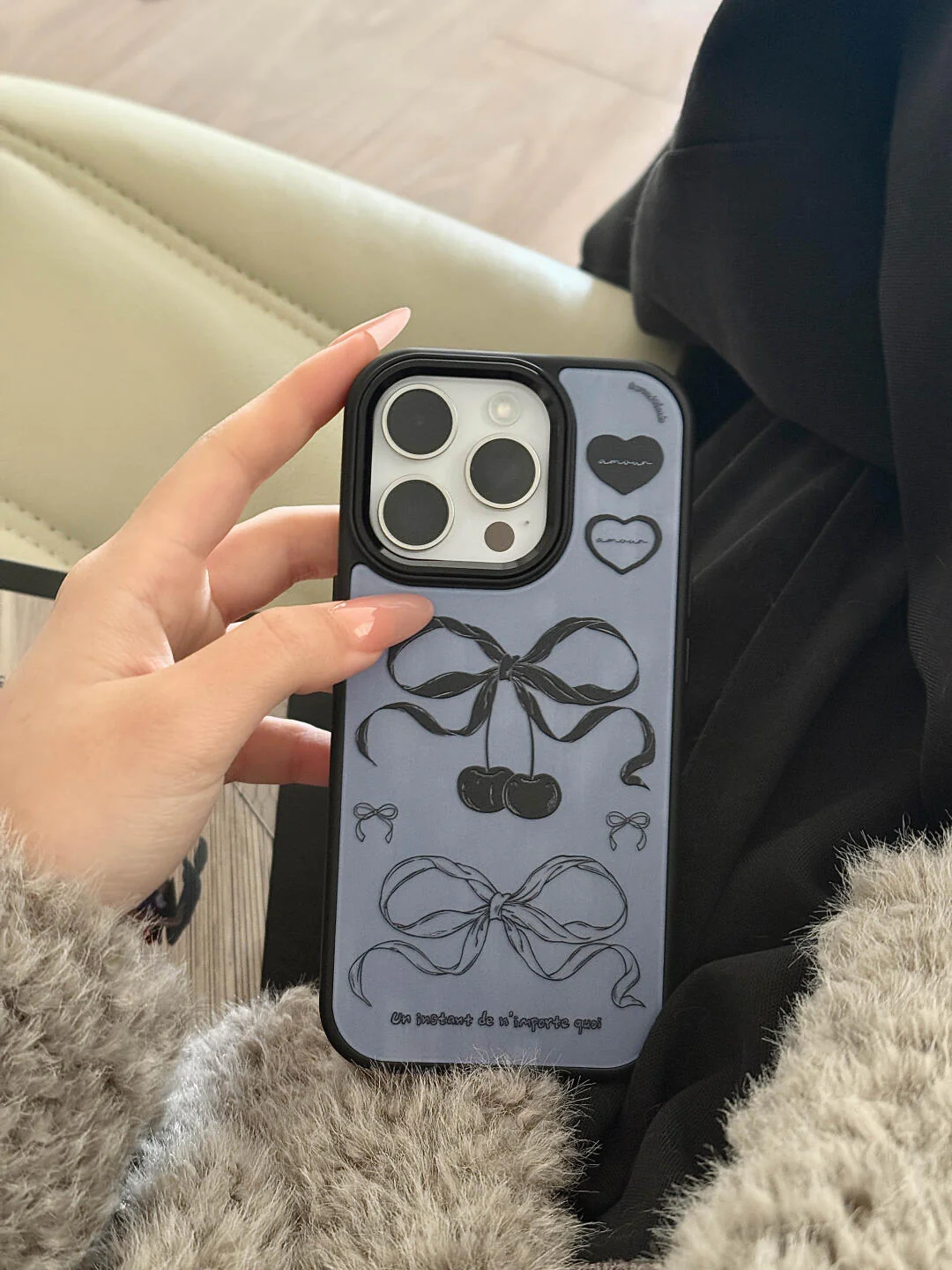 Blue Cherry Bow Printed Phone Case