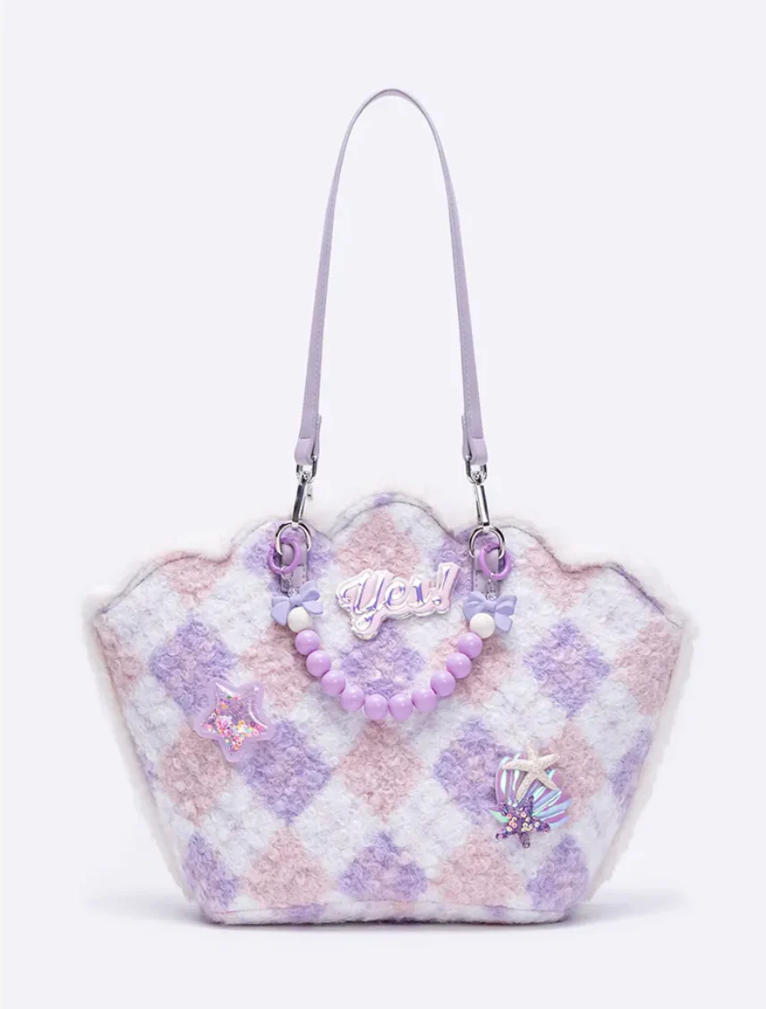 Purple Shell-Shaped Plush Beaded Shoulder Bag