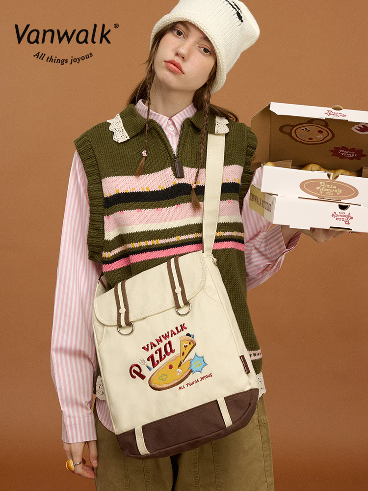 Vanwalk Pizza Series Vintage Patchwork Messenger Bag