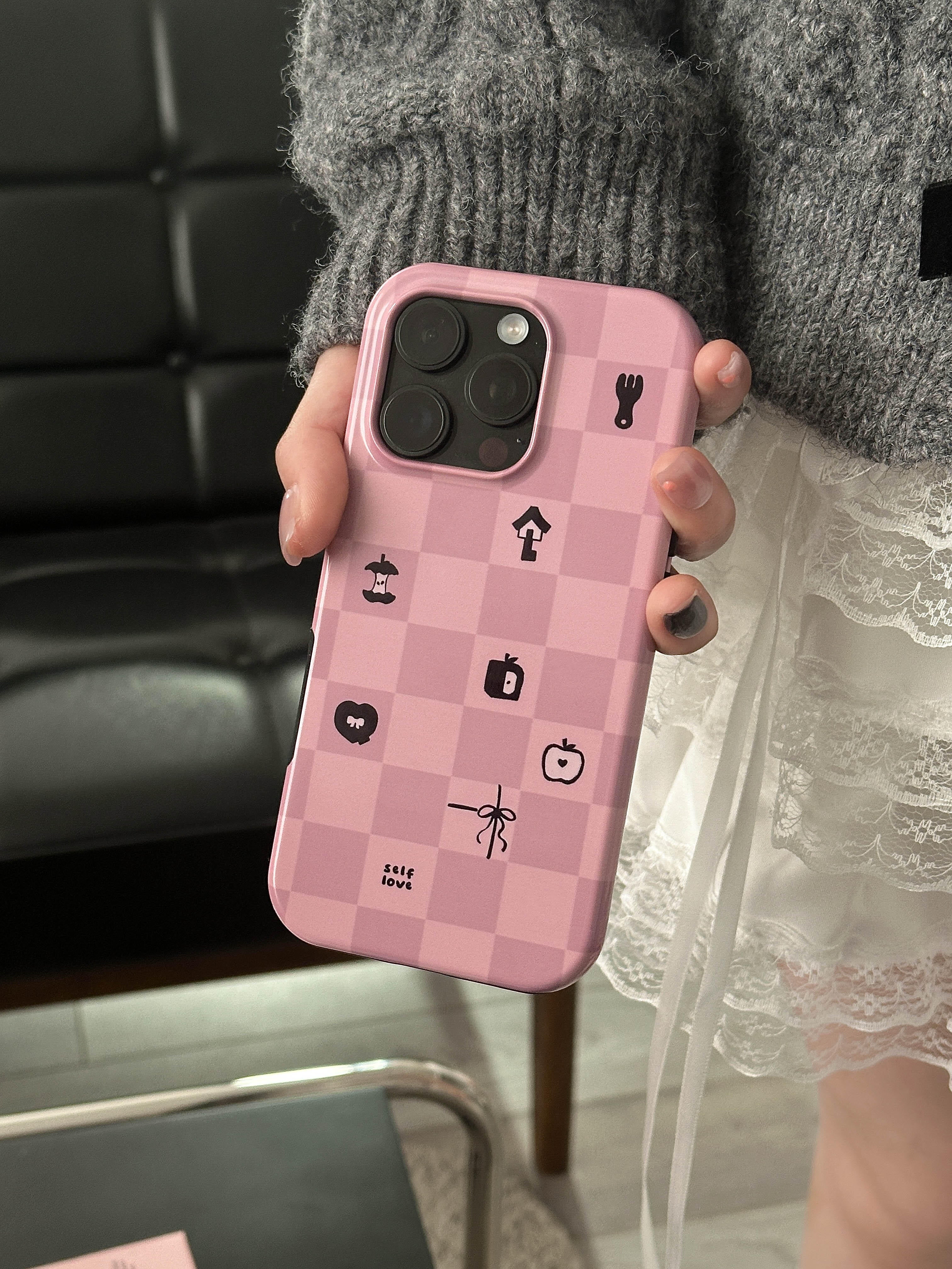 Mist Pink Checkered Print Double Layer Phone Case
