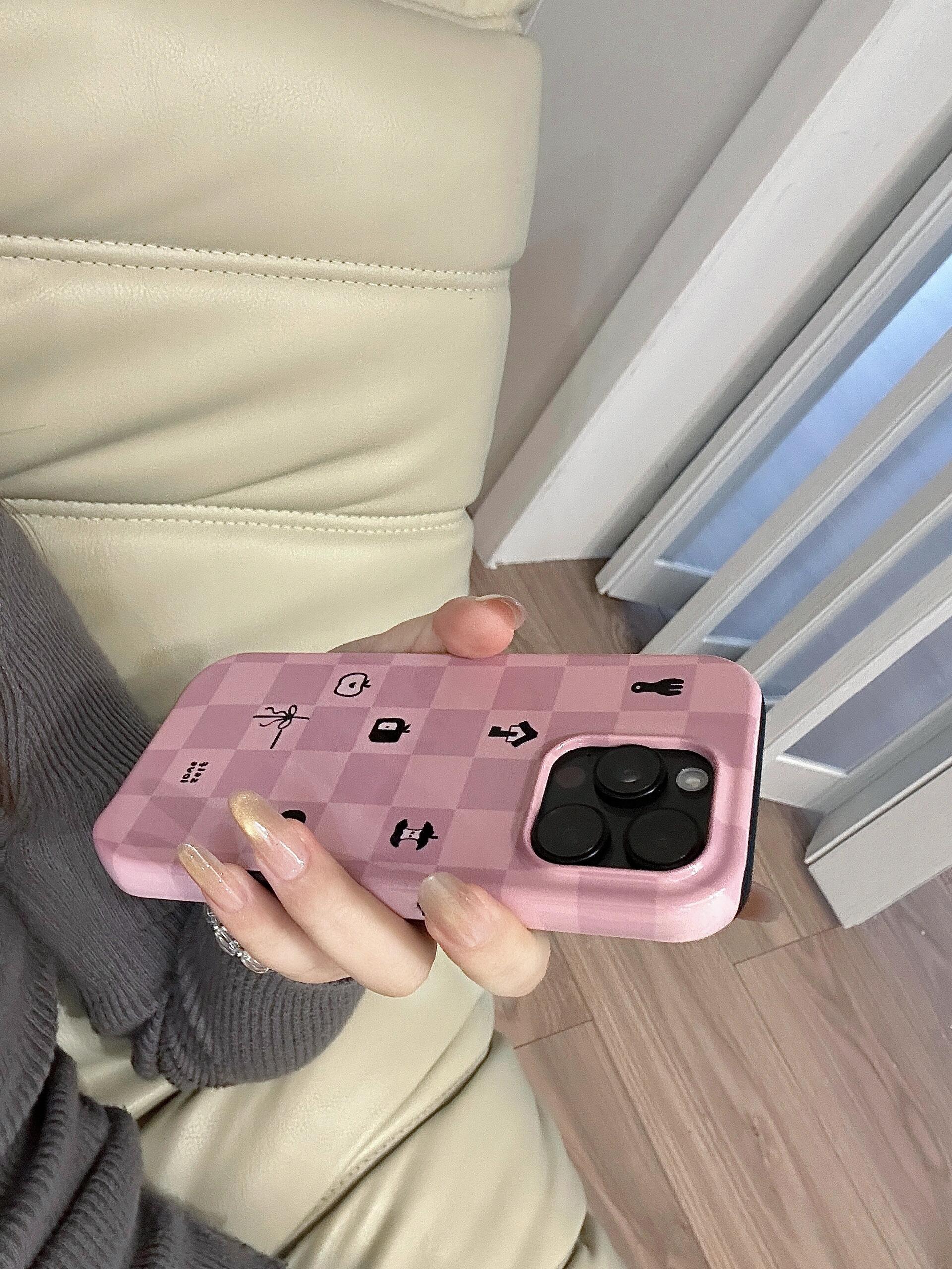 Mist Pink Checkered Print Double Layer Phone Case