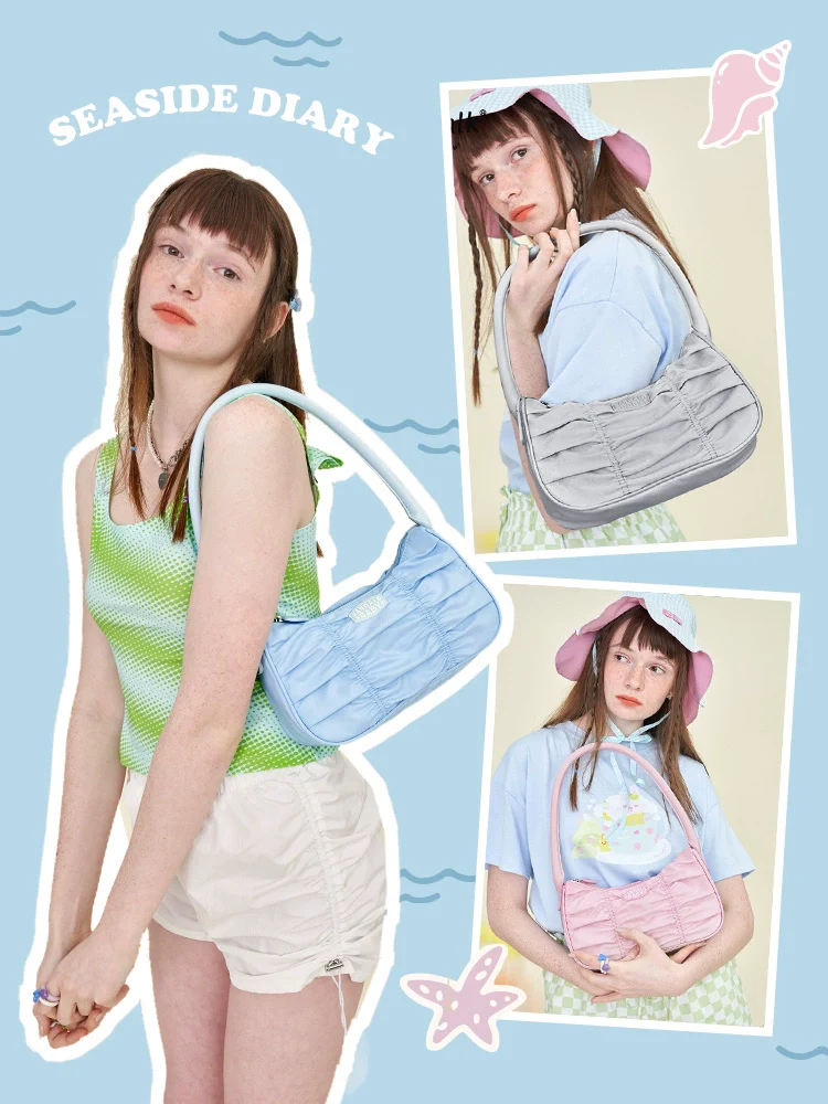 Ruffled Cream Candy Baguette Hobo Bag