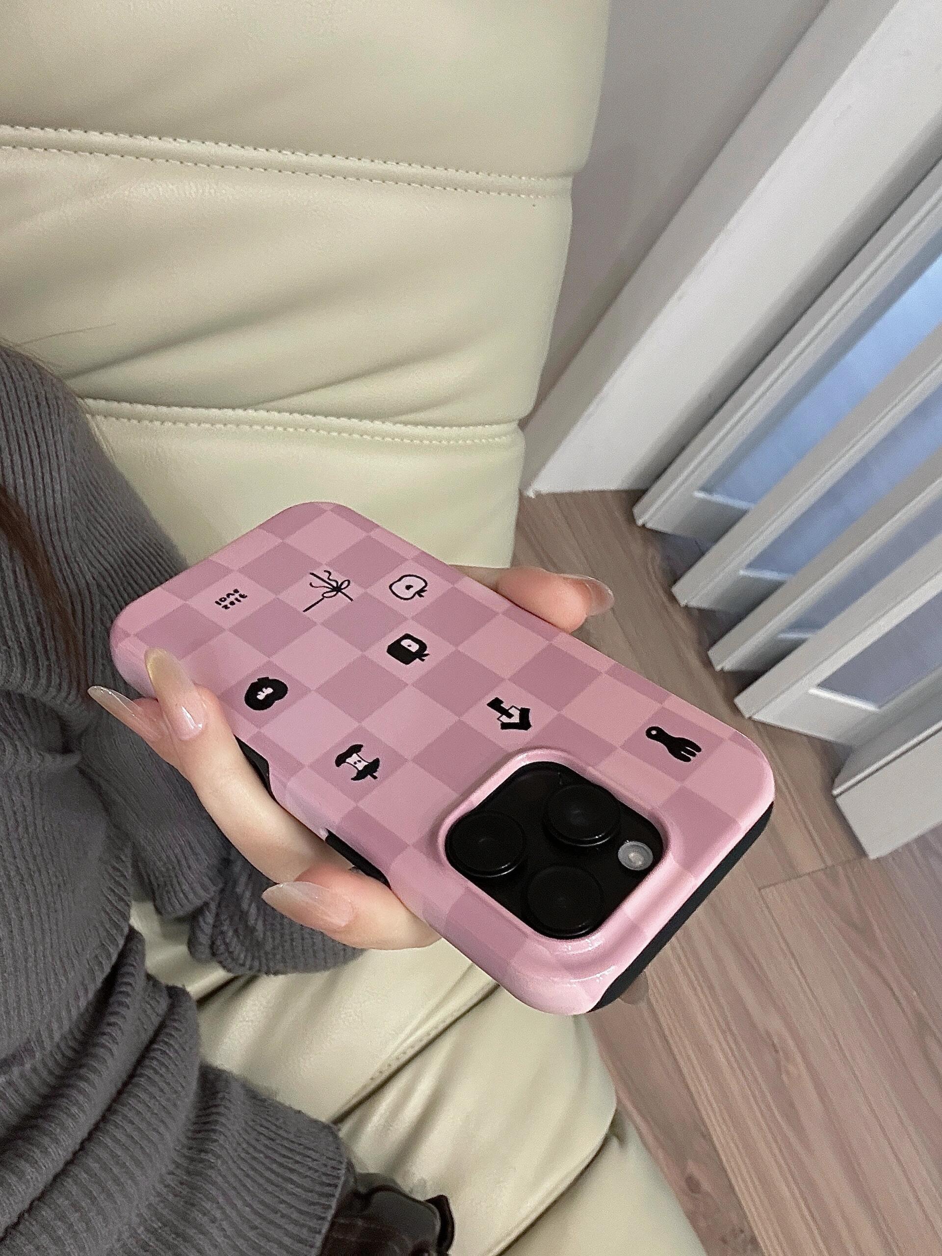Mist Pink Checkered Print Double Layer Phone Case