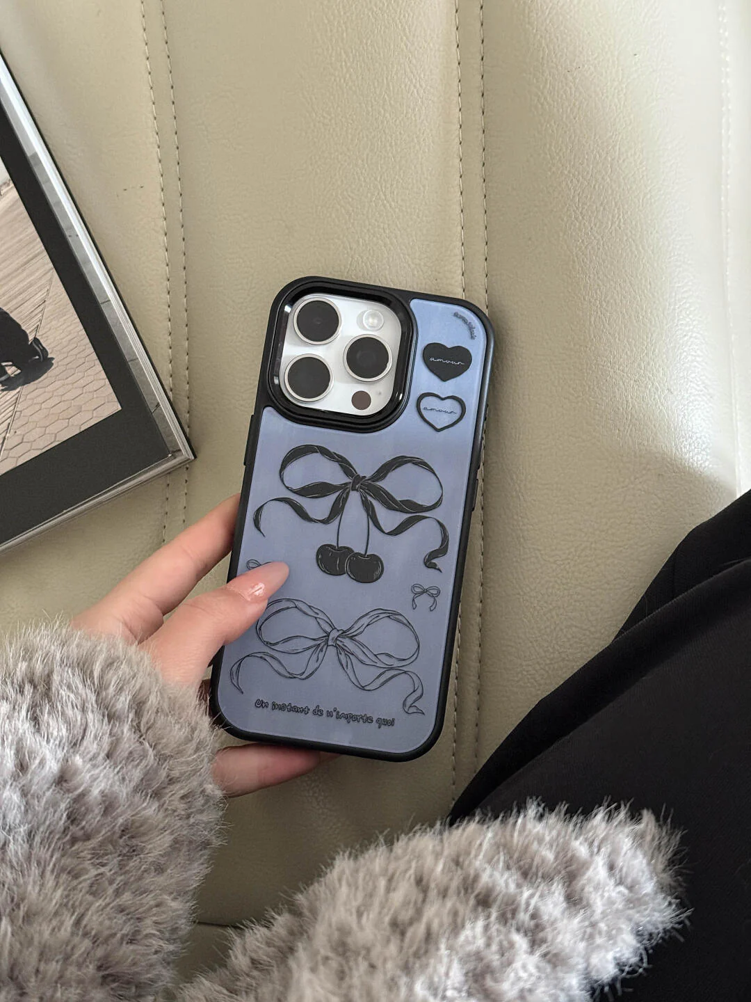 Blue Cherry Bow Printed Phone Case