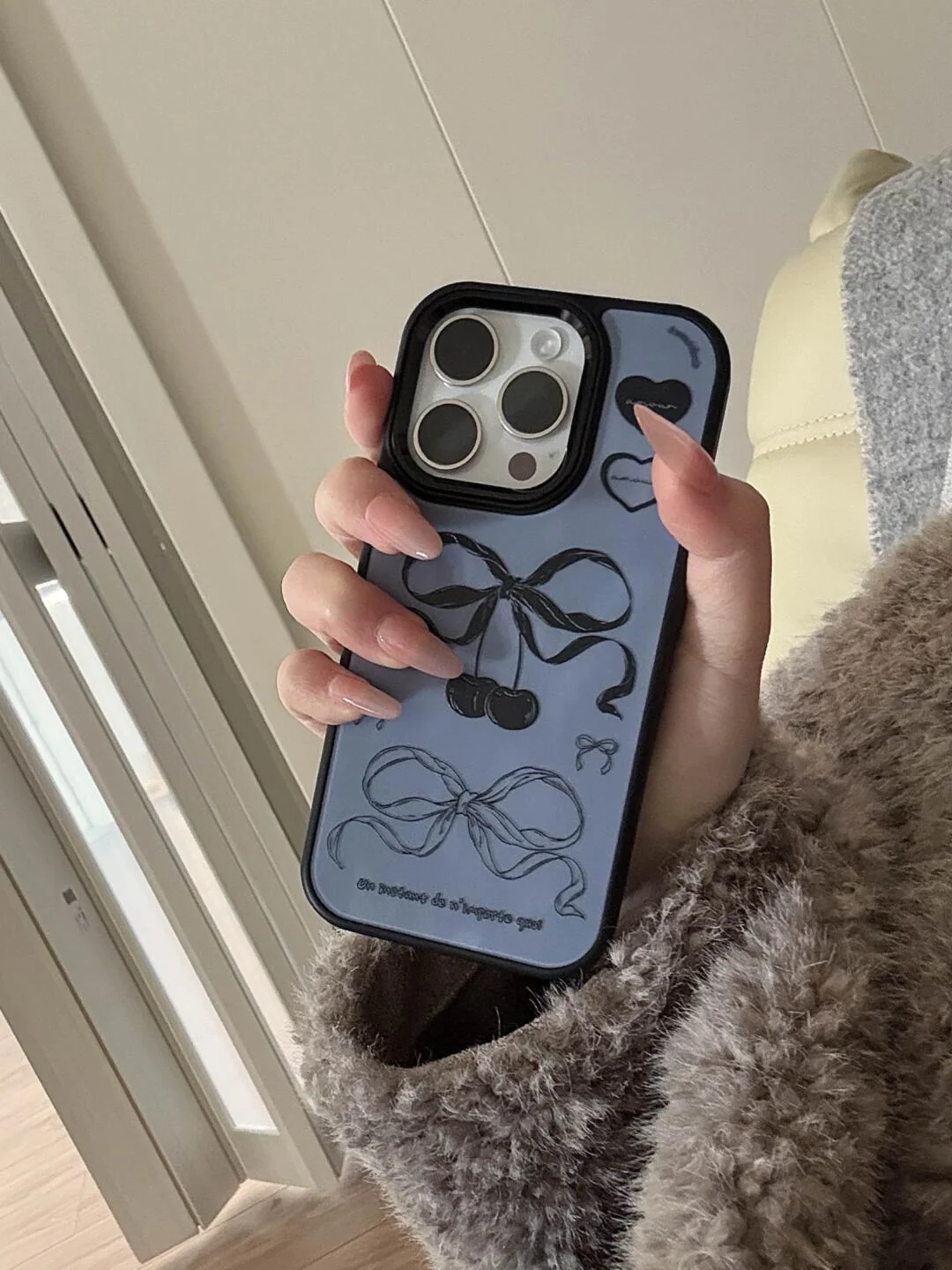 Blue Cherry Bow Printed Phone Case