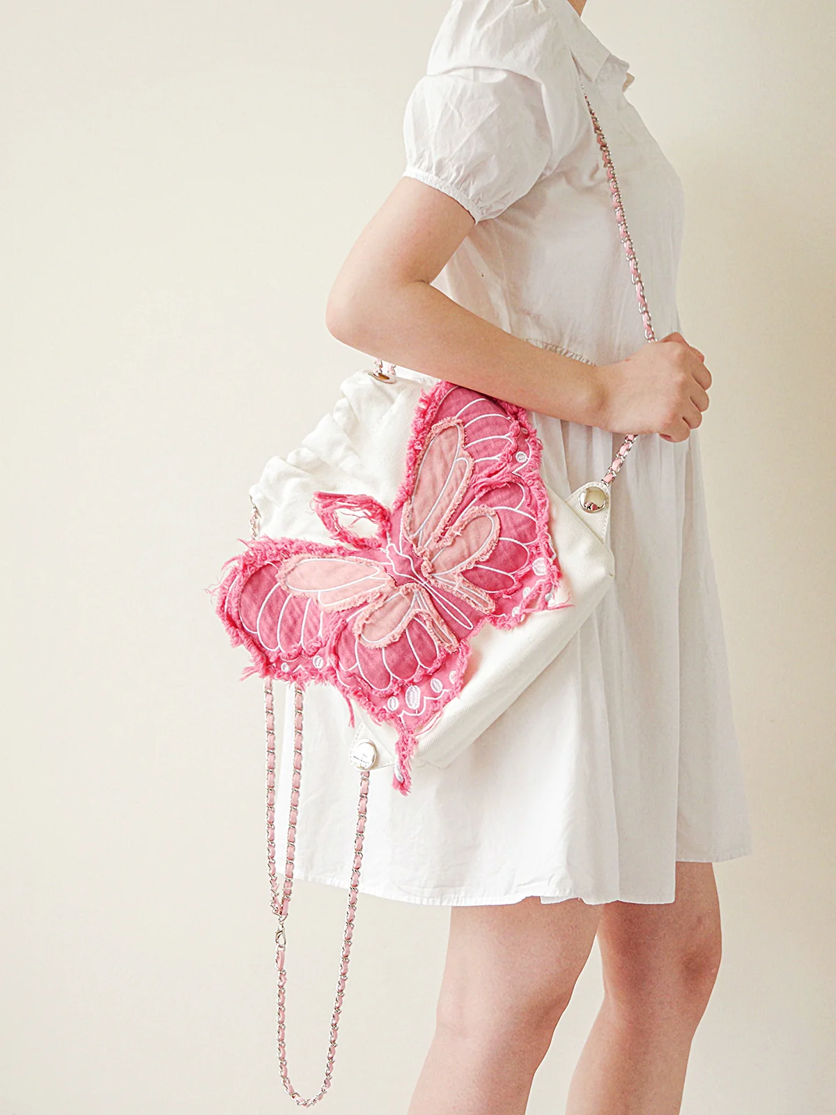 Butterfly Denim Drawstring Shoulder Bag