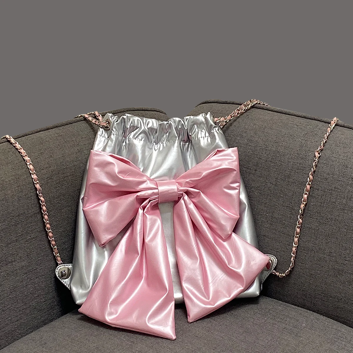 Pink Bow Tie Silver Hobo Bag