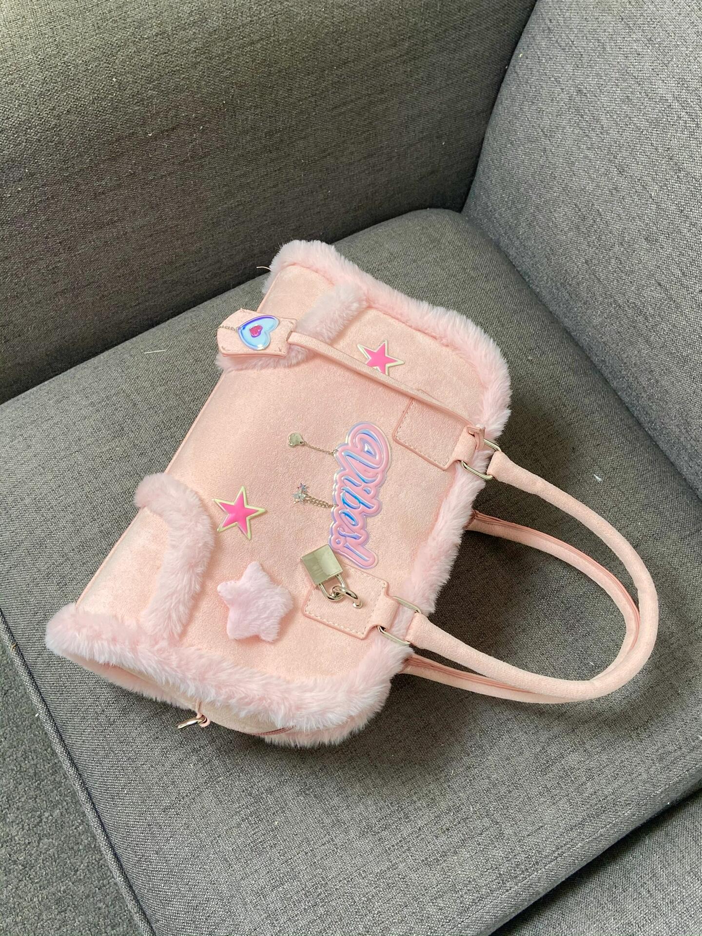 Pink Plush Crossbody Handbag