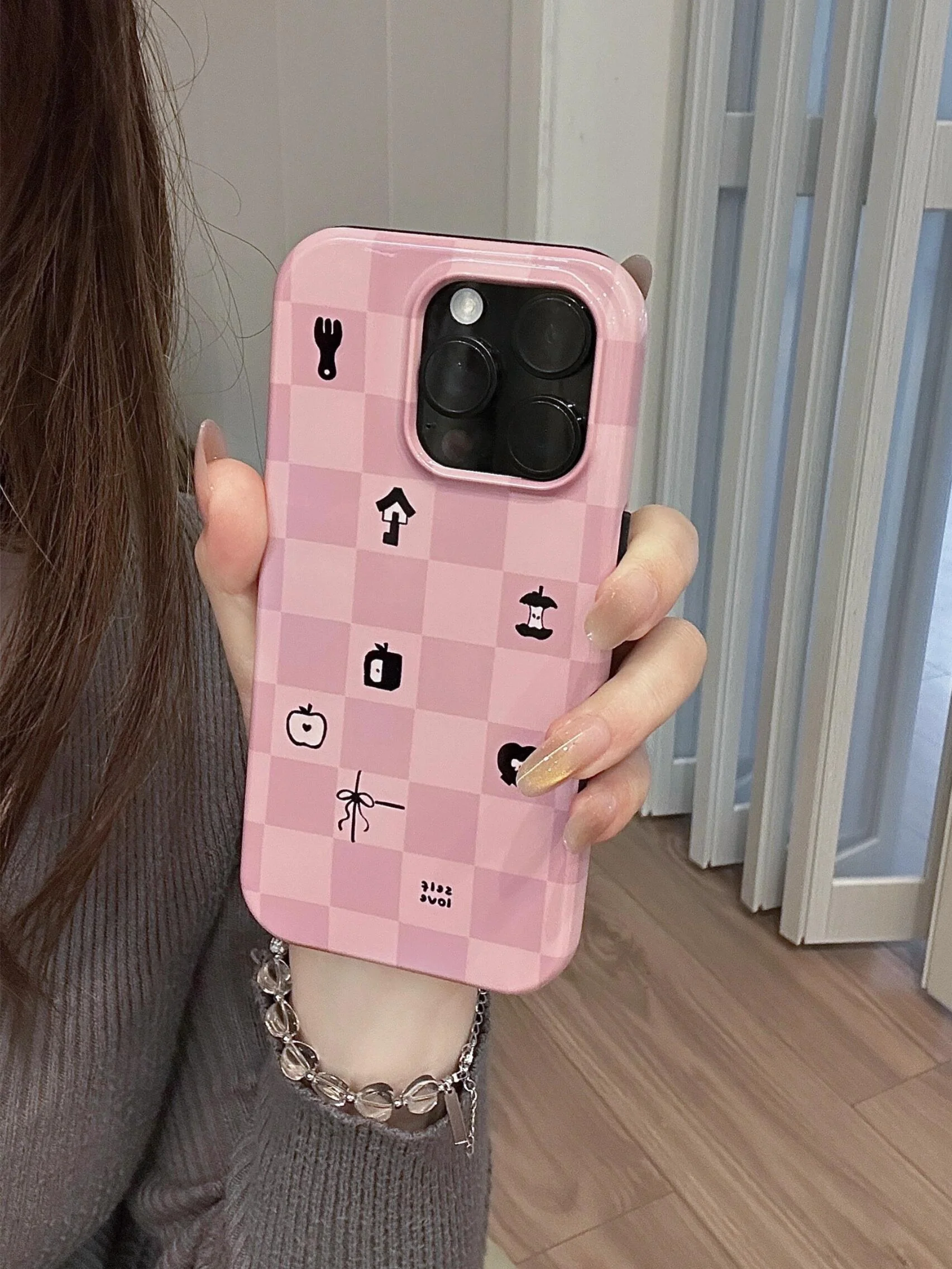 Mist Pink Checkered Print Double Layer Phone Case