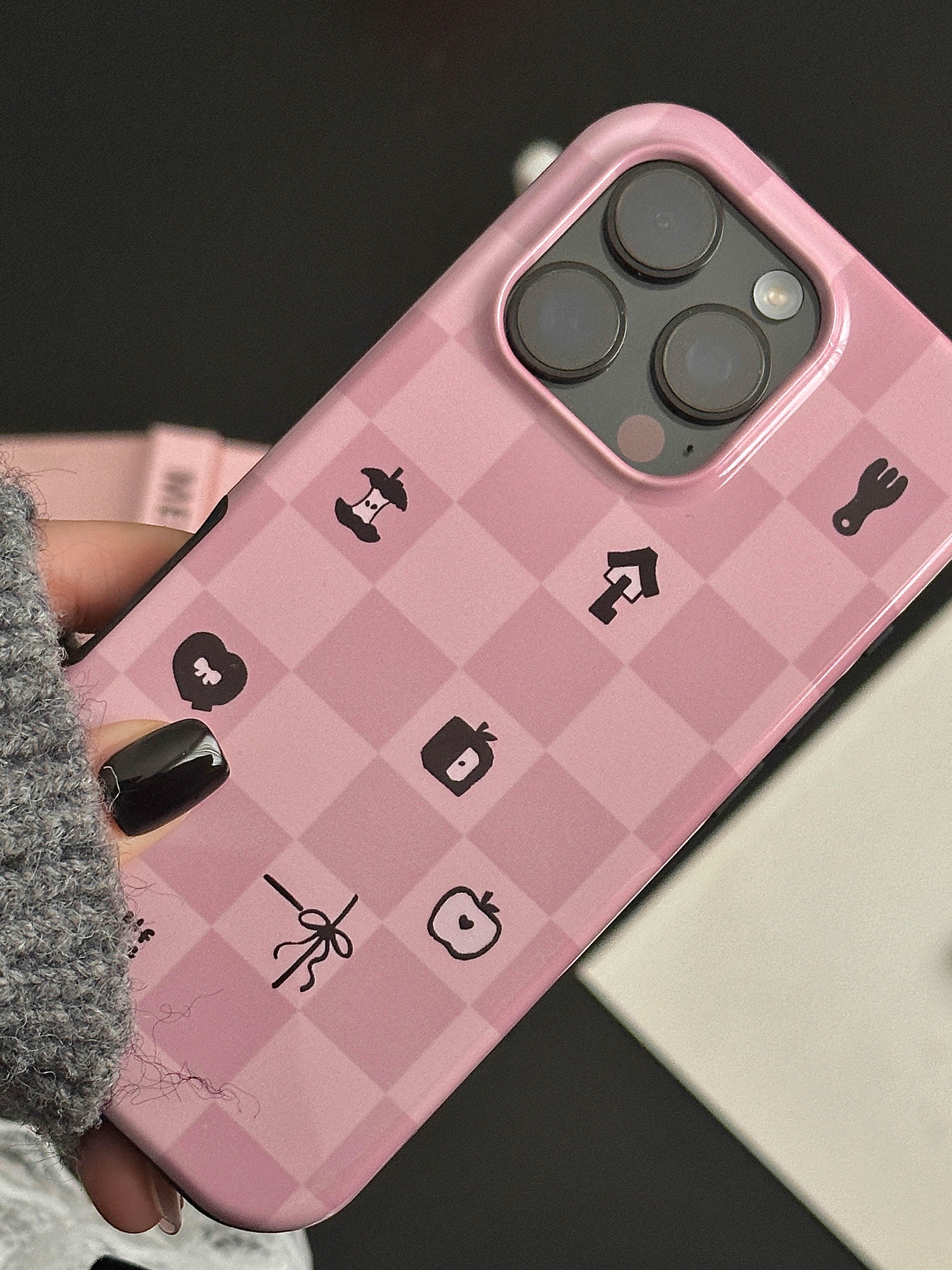 Mist Pink Checkered Print Double Layer Phone Case