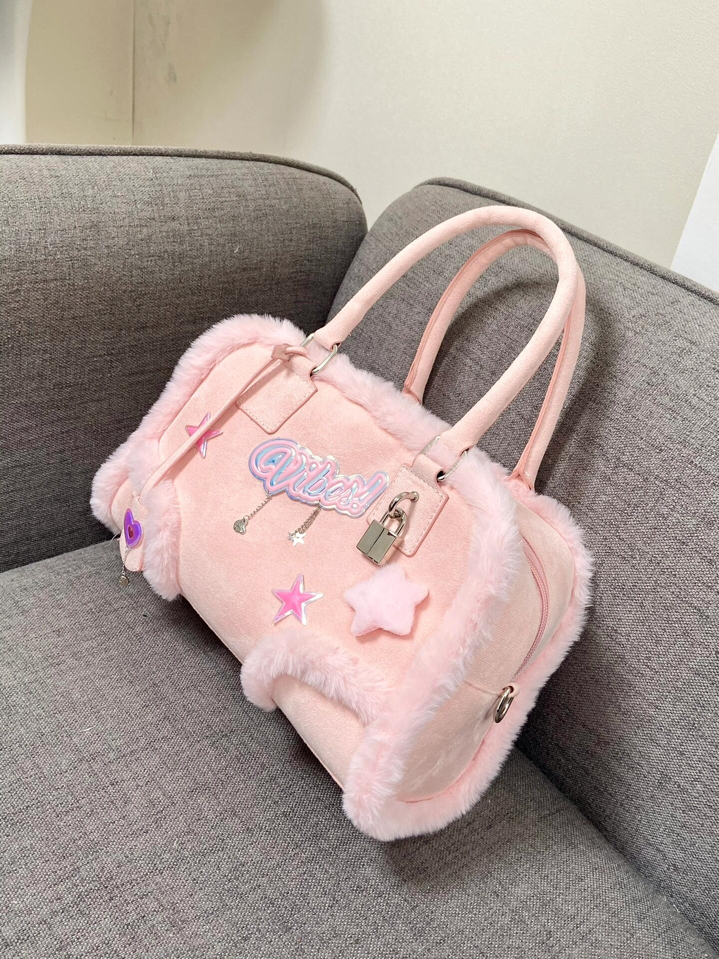Pink Plush Crossbody Handbag