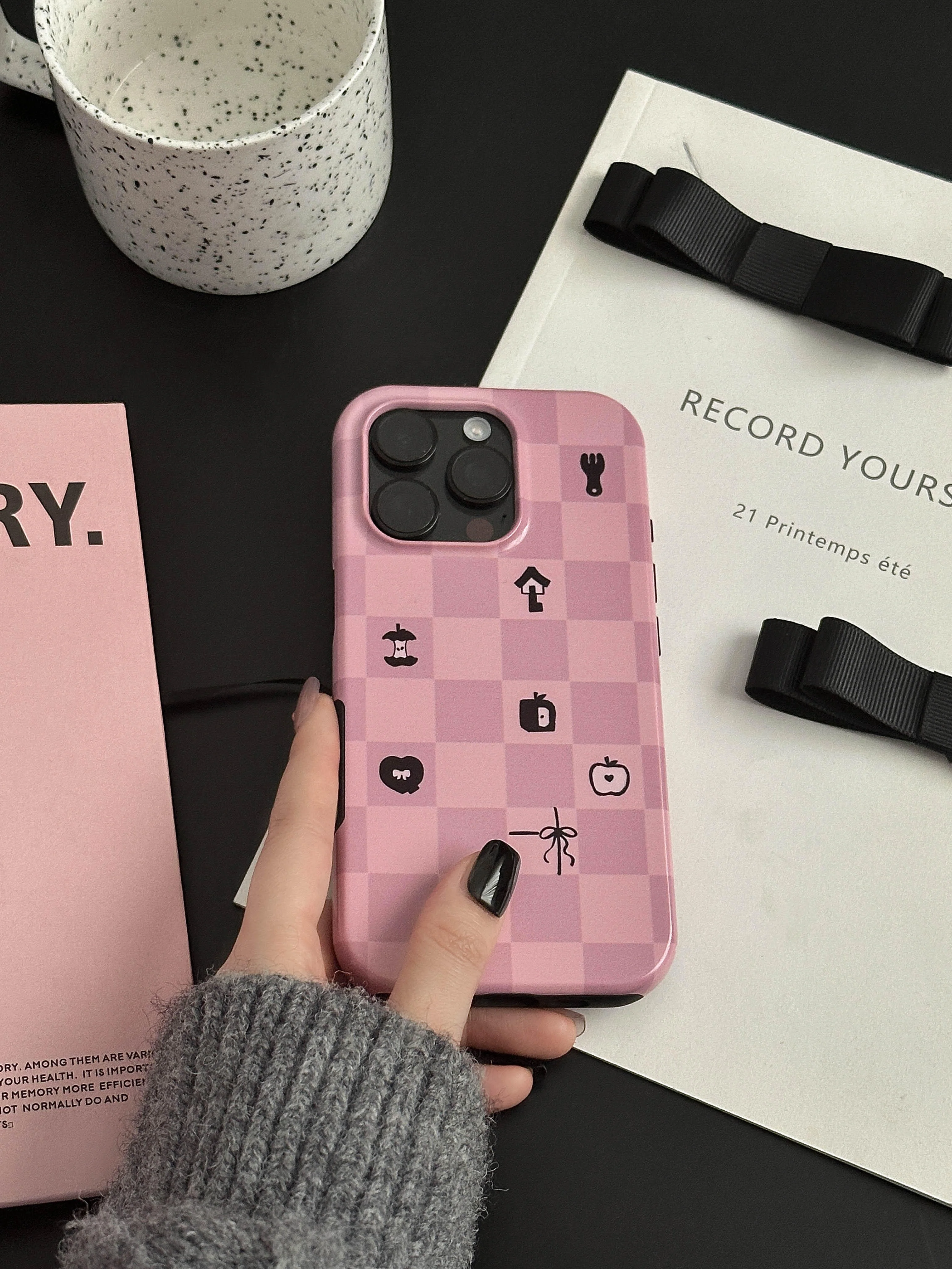 Mist Pink Checkered Print Double Layer Phone Case