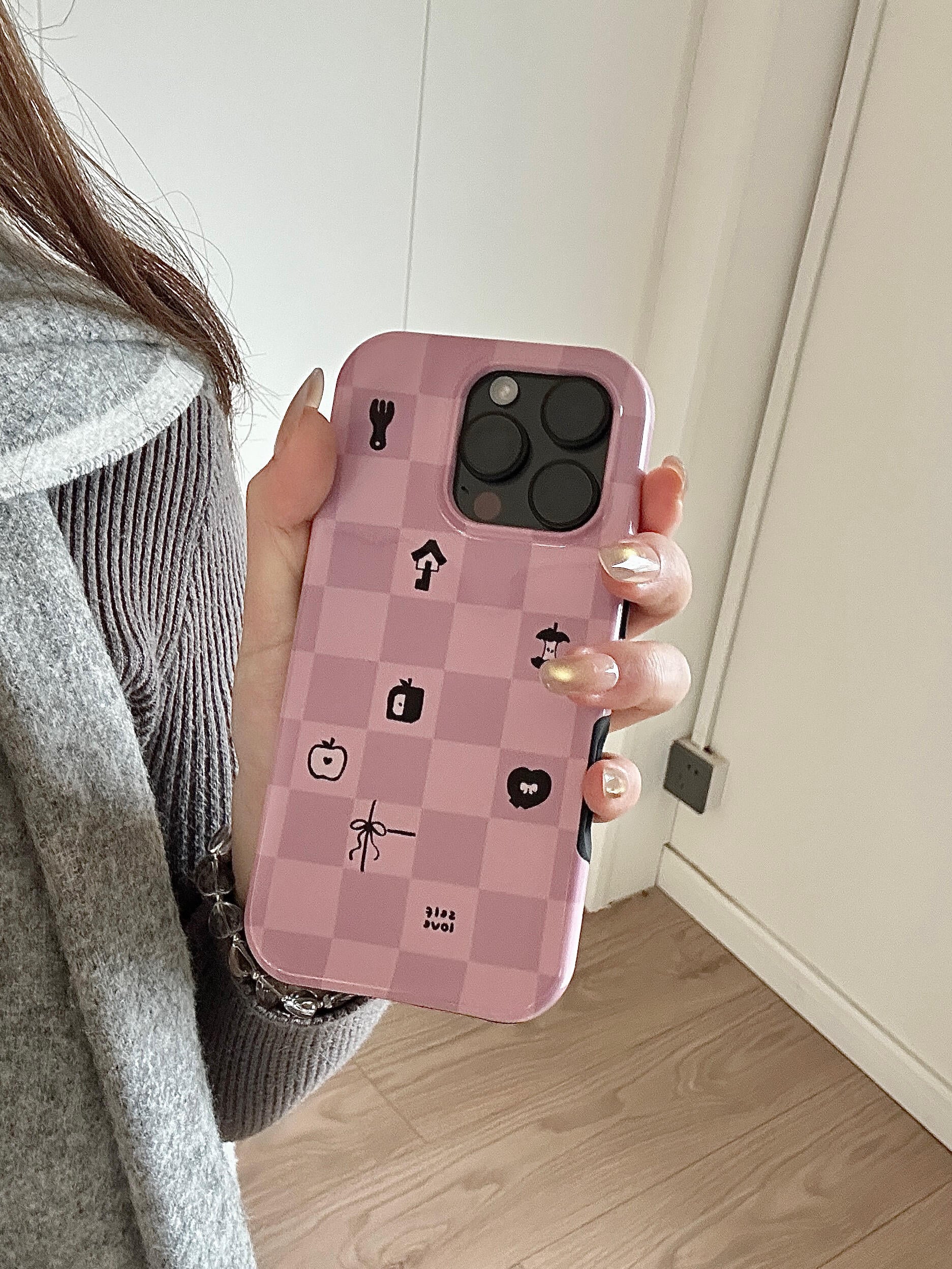 Mist Pink Checkered Print Double Layer Phone Case