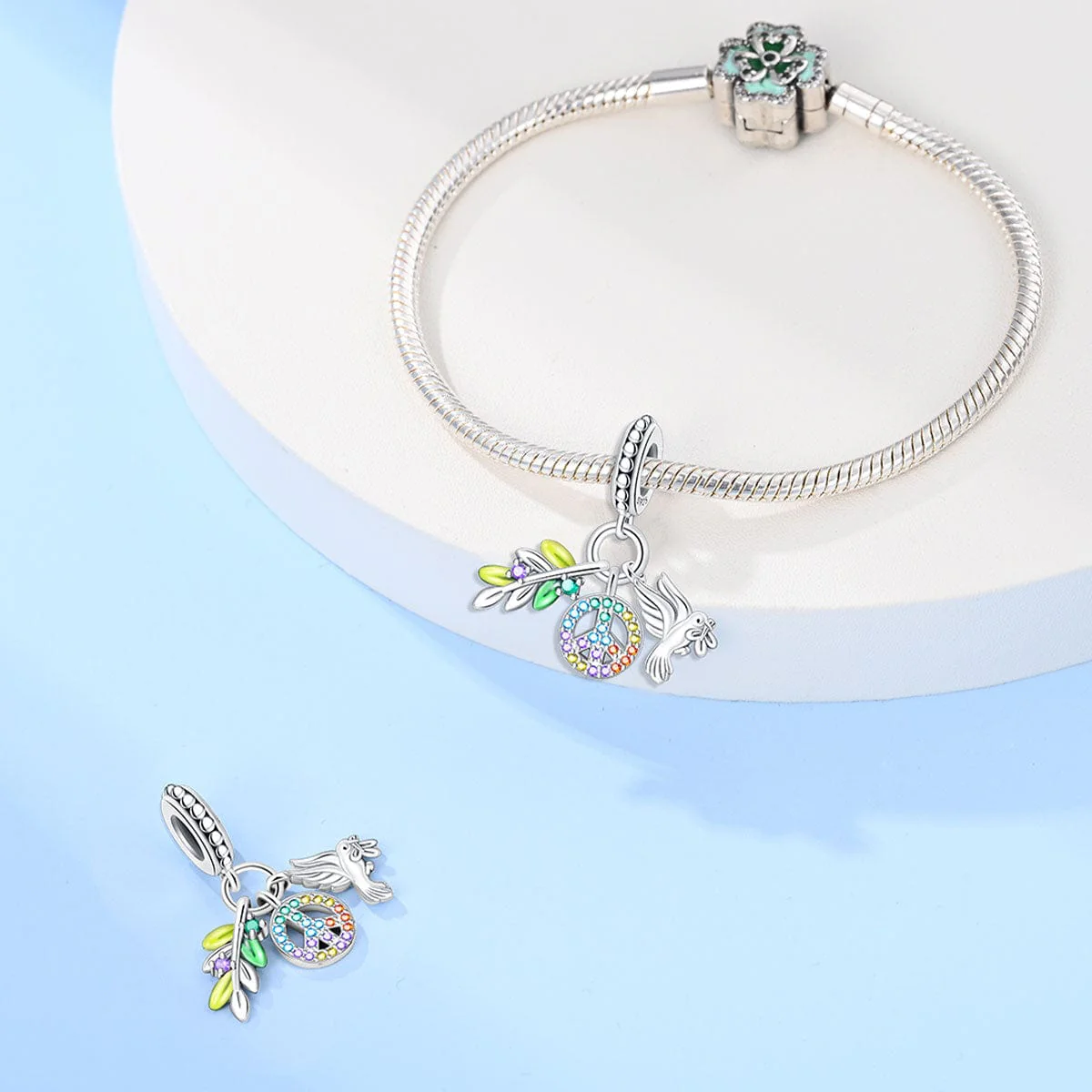 Rainbow Peace Sign with Dove and Olive Branch Charm