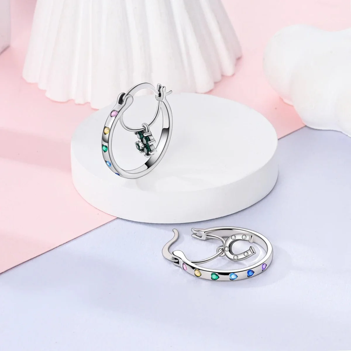 Lucky Horseshoe & Clover Hoop Earrings with Multicolored Heart Accents