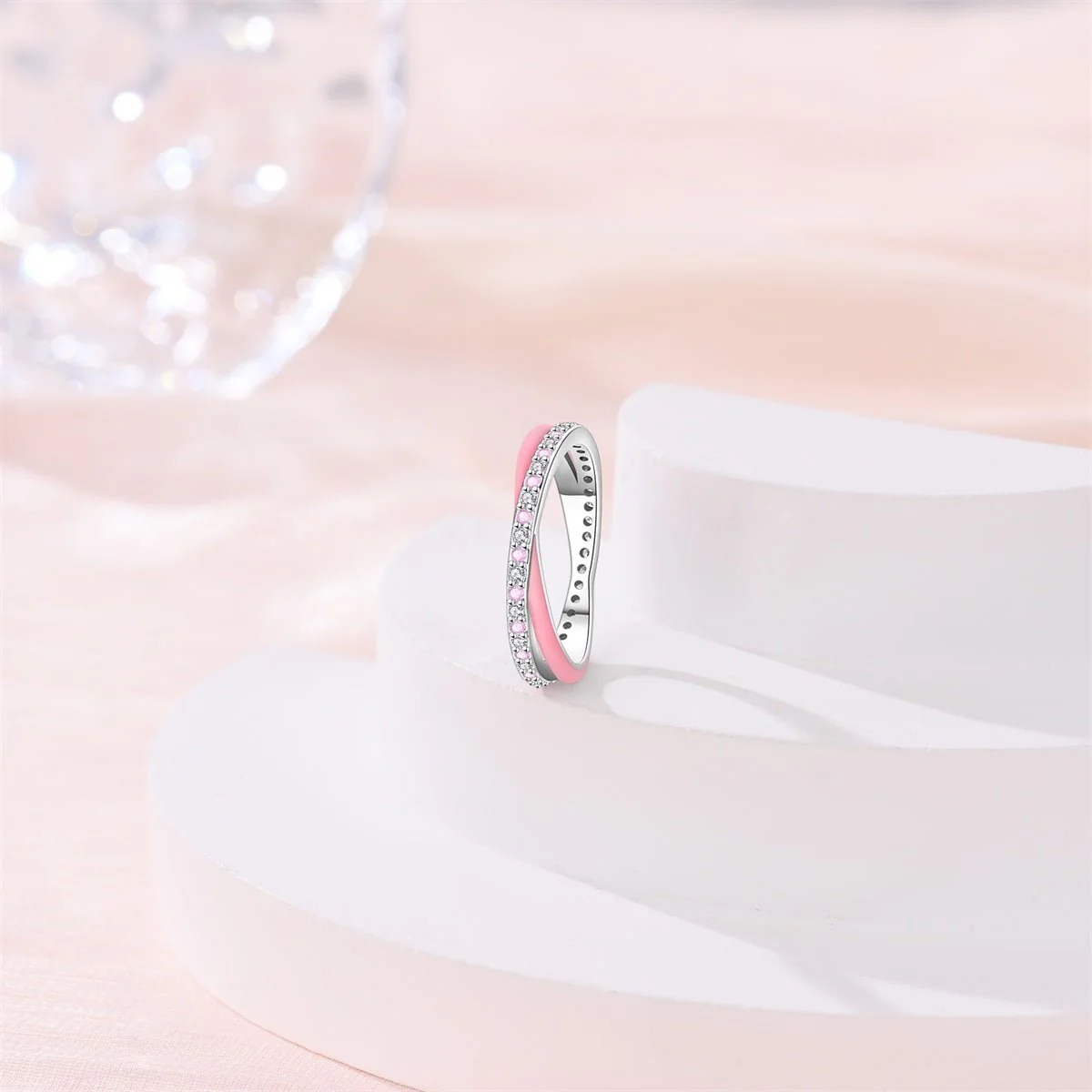 Pink Enamel & Sparkling Pavé Ring